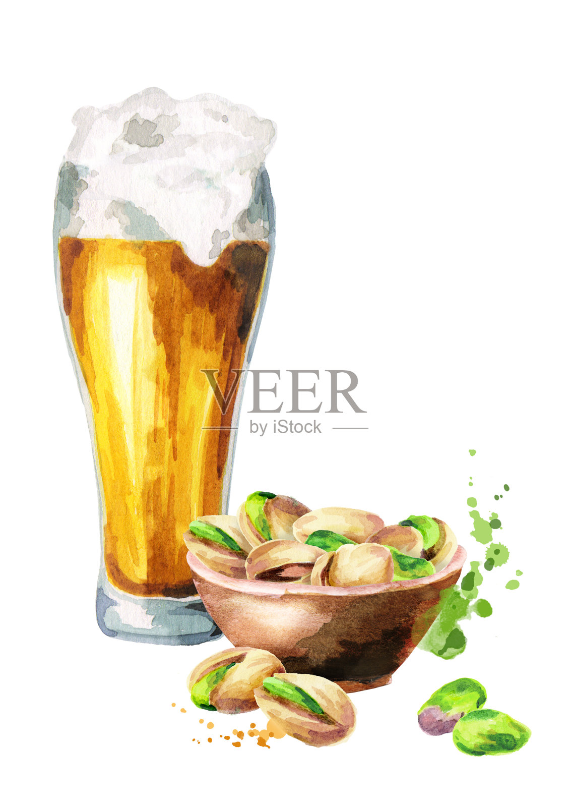 啤酒和一碗开心果。水彩插画图片素材