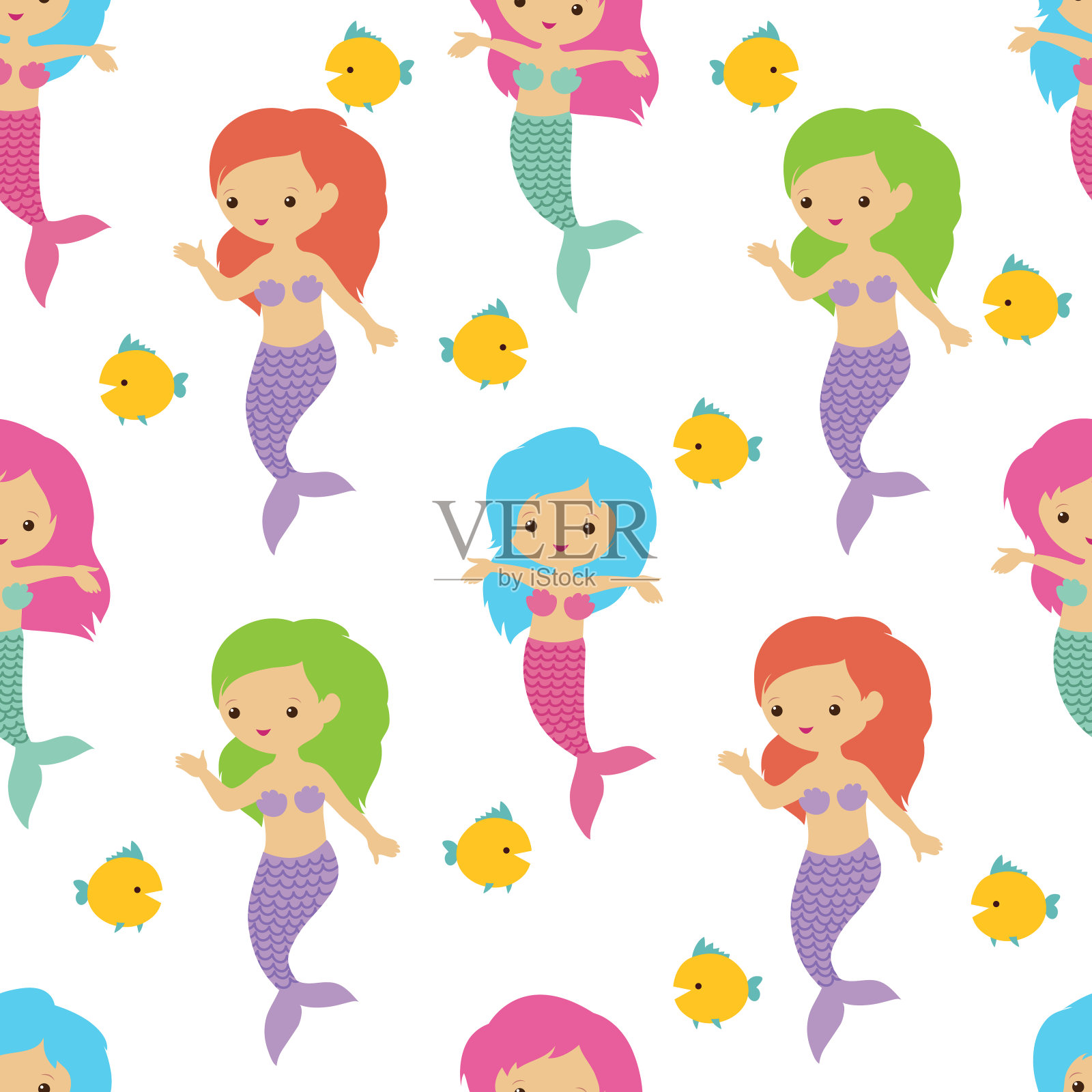 童话里可爱的美人鱼，海底女孩。夏季无缝矢量模式插画图片素材