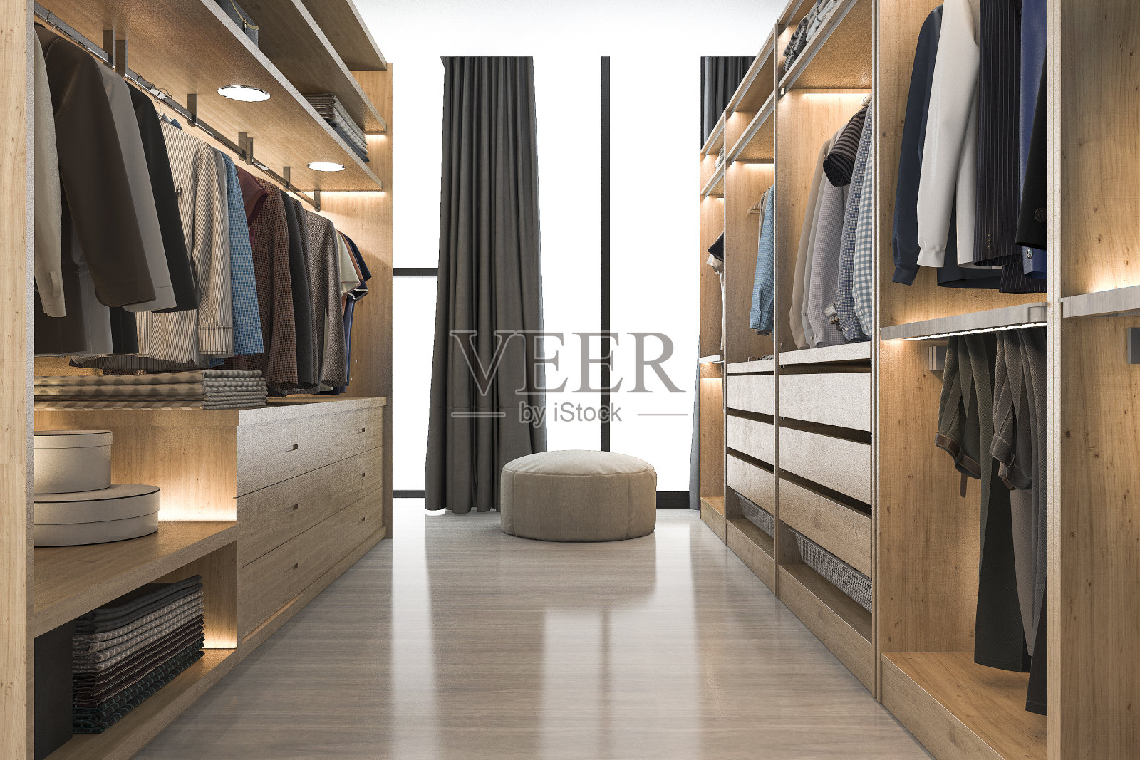 3d渲染现代斯堪的纳维亚白色木材走在衣柜与衣柜靠近窗户照片摄影图片