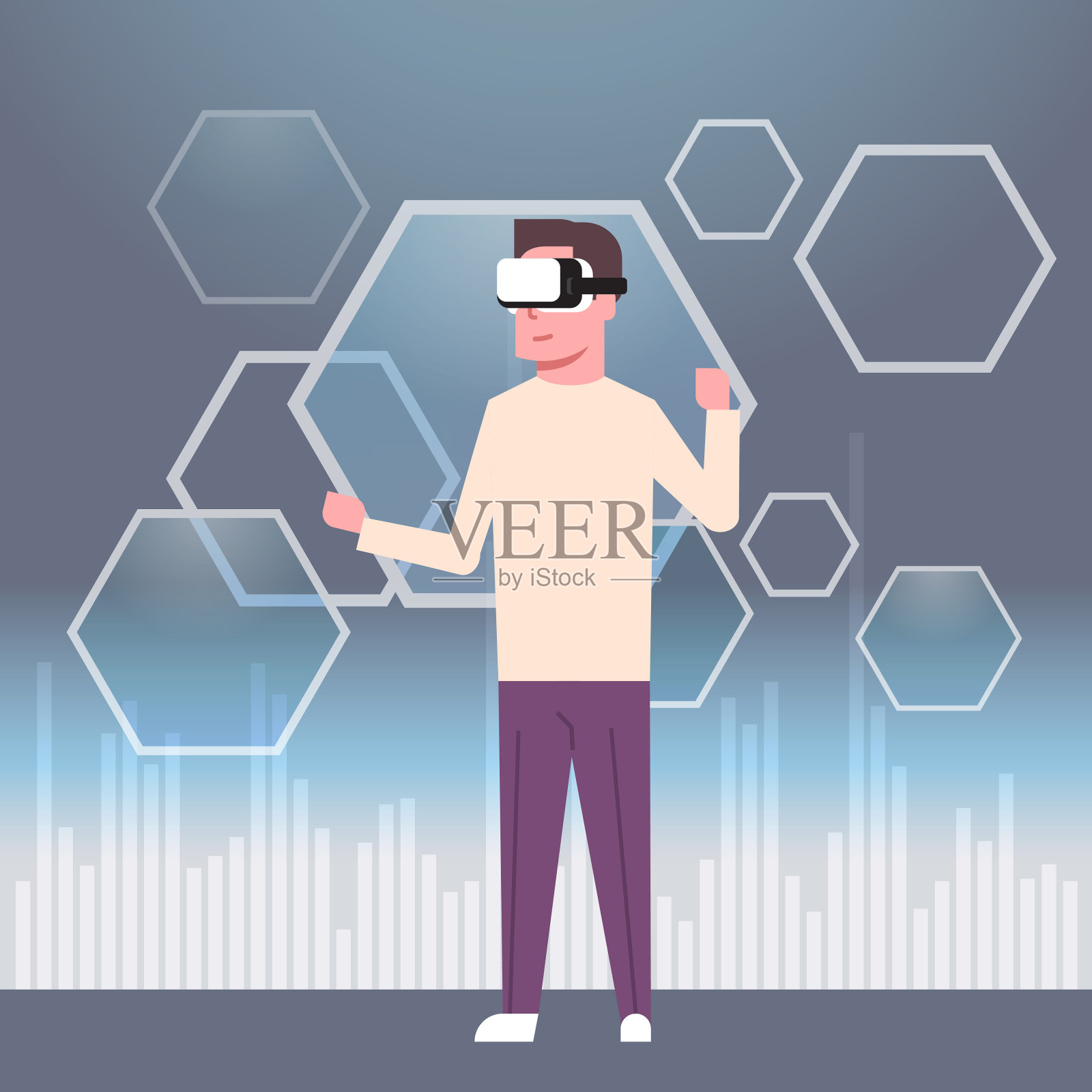 休闲男子戴现代3d眼镜虚拟现实眼镜技术概念插画图片素材