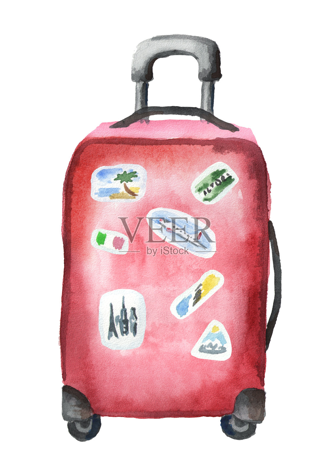 红色大行李箱，带可伸缩把手，还有贴纸。孤立在白色背景上。水彩手绘插图设计元素图片