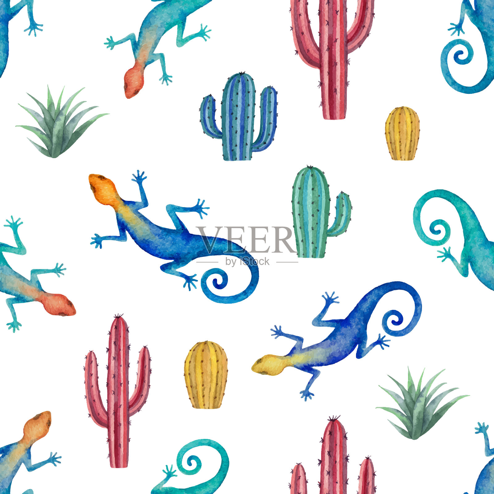水彩无缝格局的景观蜥蜴和仙人掌孤立在白色的背景。插画图片素材
