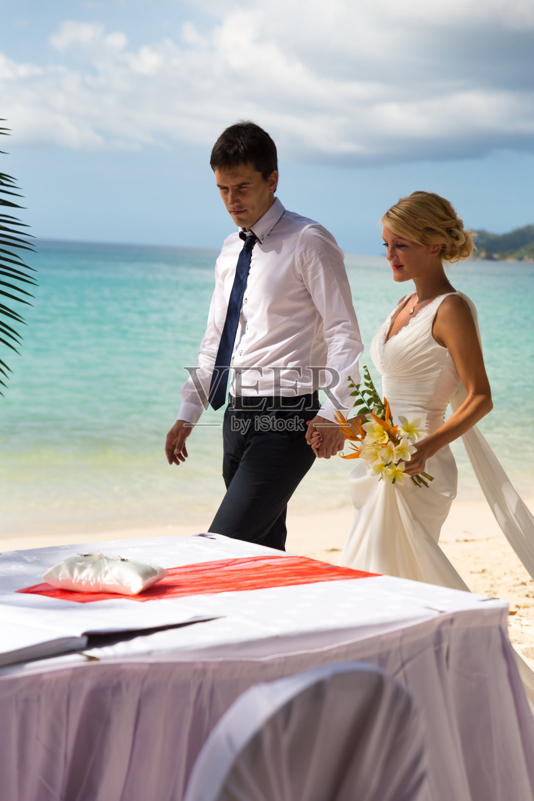 一对相爱的夫妇在海滩上举行婚礼时手牵手的美丽肖像照片摄影图片