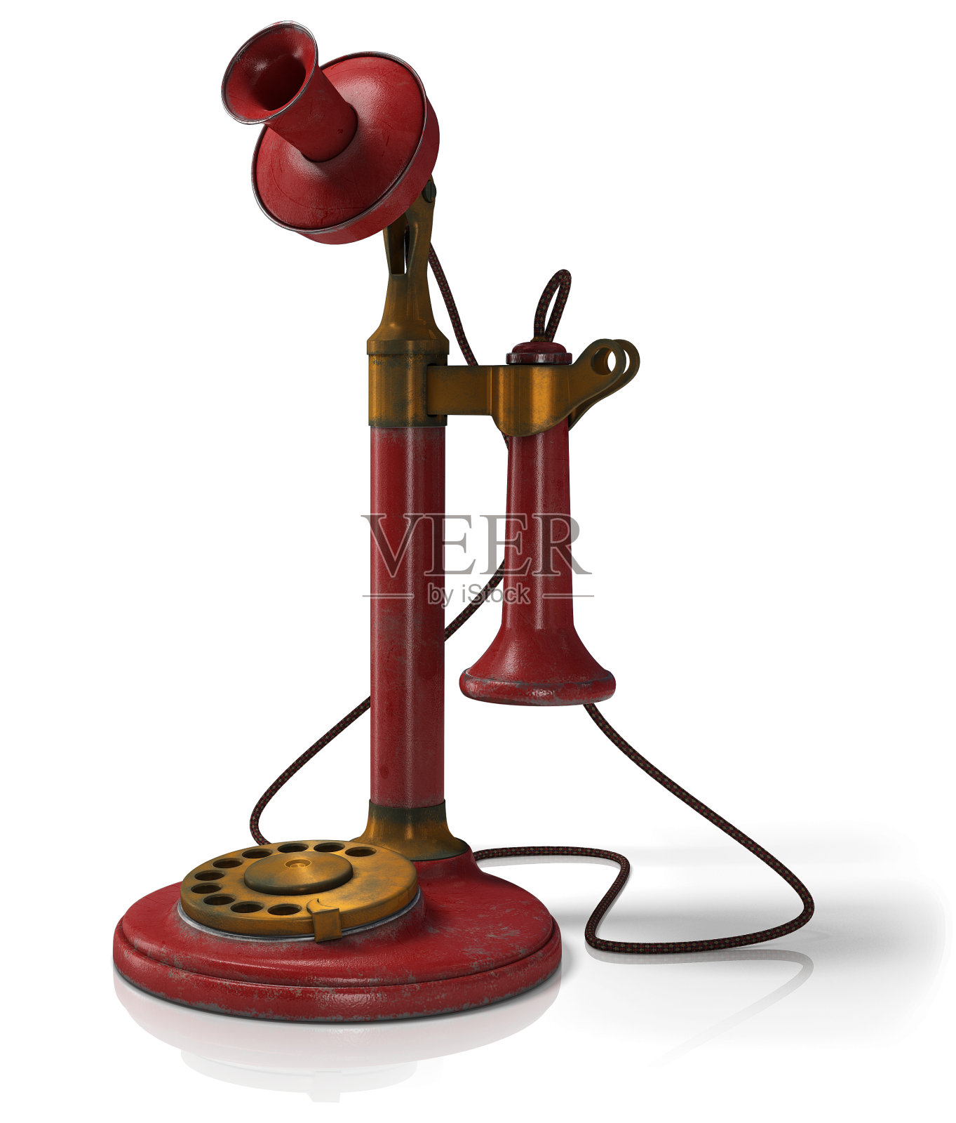 旧电话脏，古董烛台电话红色孤立在白色背景，3D插图照片摄影图片