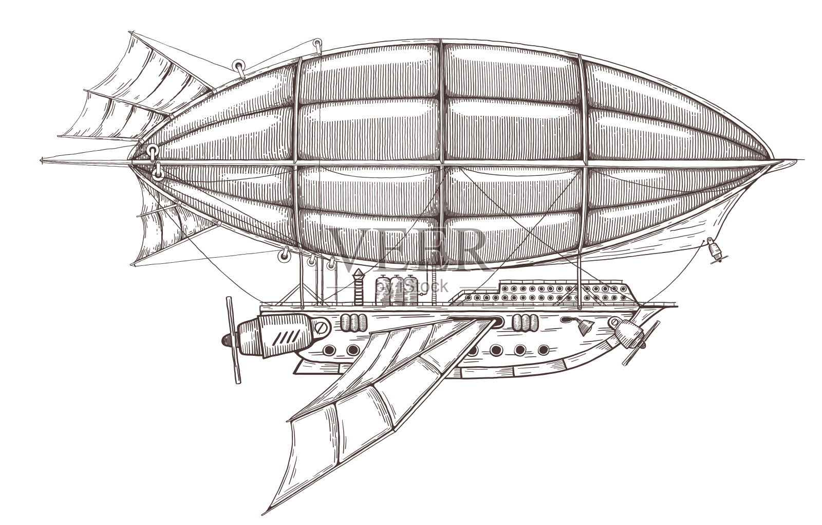 蒸汽朋克风格的复古飞艇。设计元素图片