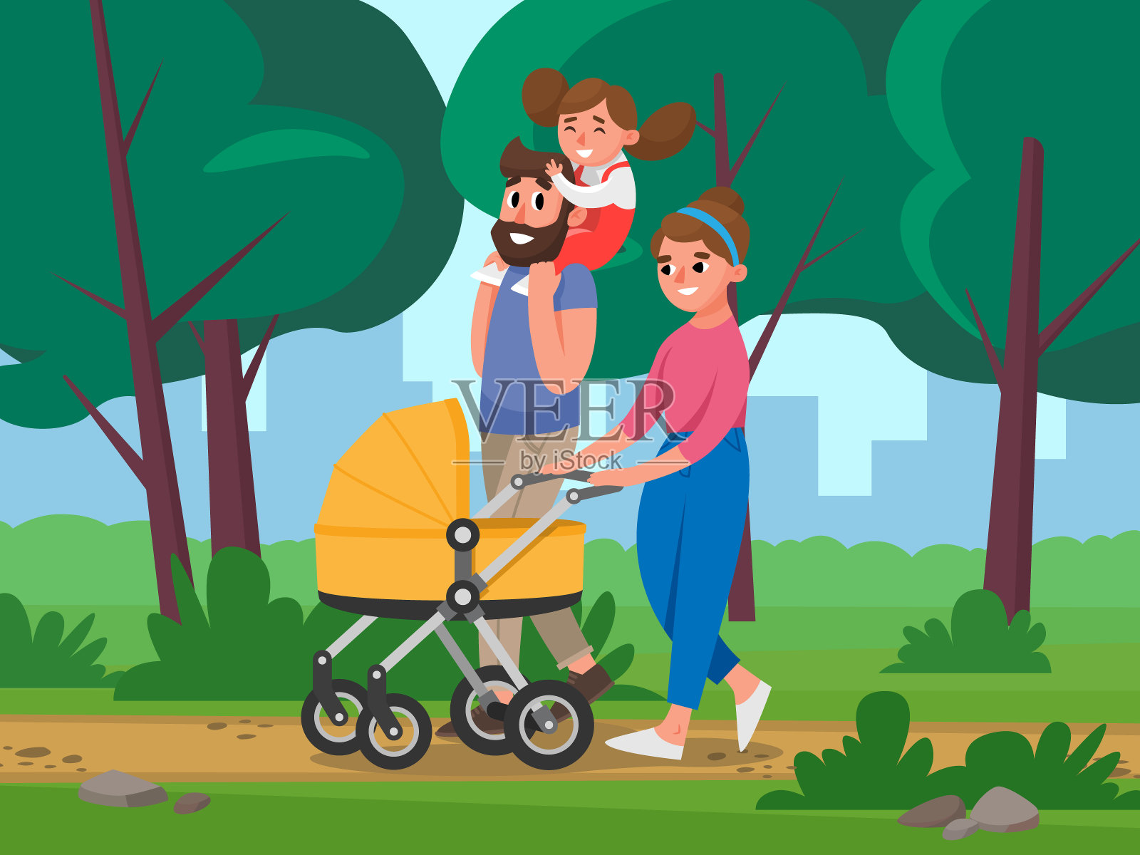 以树木和城市景观为背景，在公园里散步的快乐家庭插画图片素材