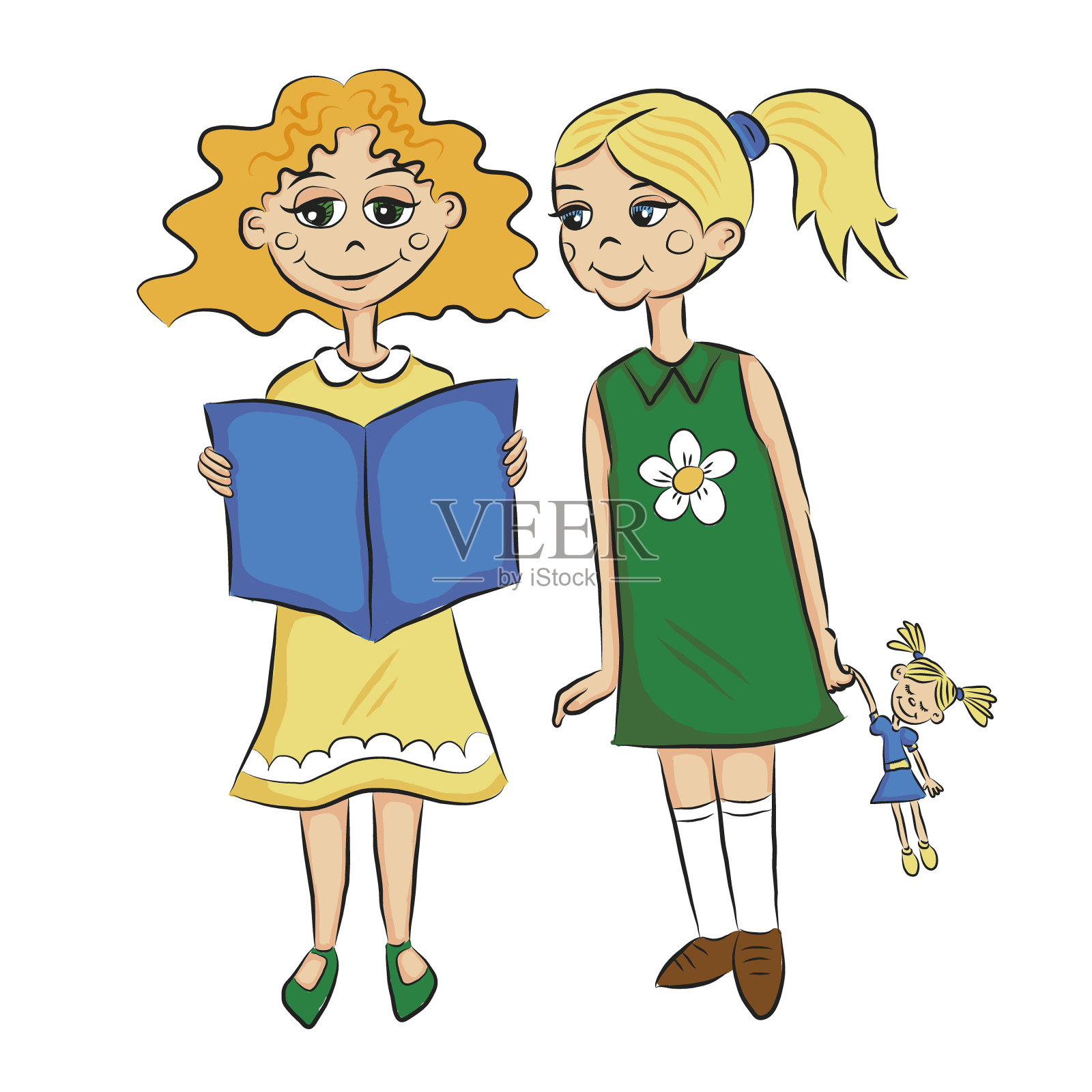 穿着黄色衣服的卡通女孩在看书，穿着绿色衣服的女孩和洋娃娃。小女孩插画图片素材