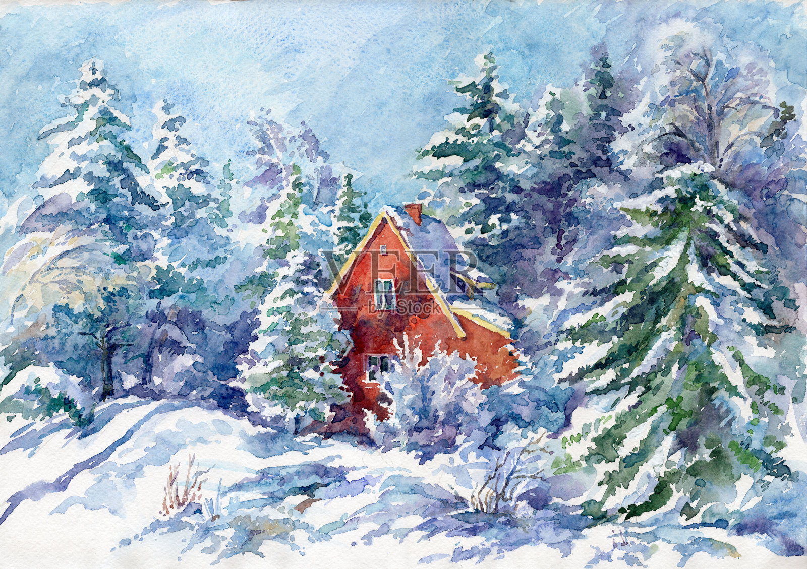 房子在白雪覆盖的森林里插画图片素材