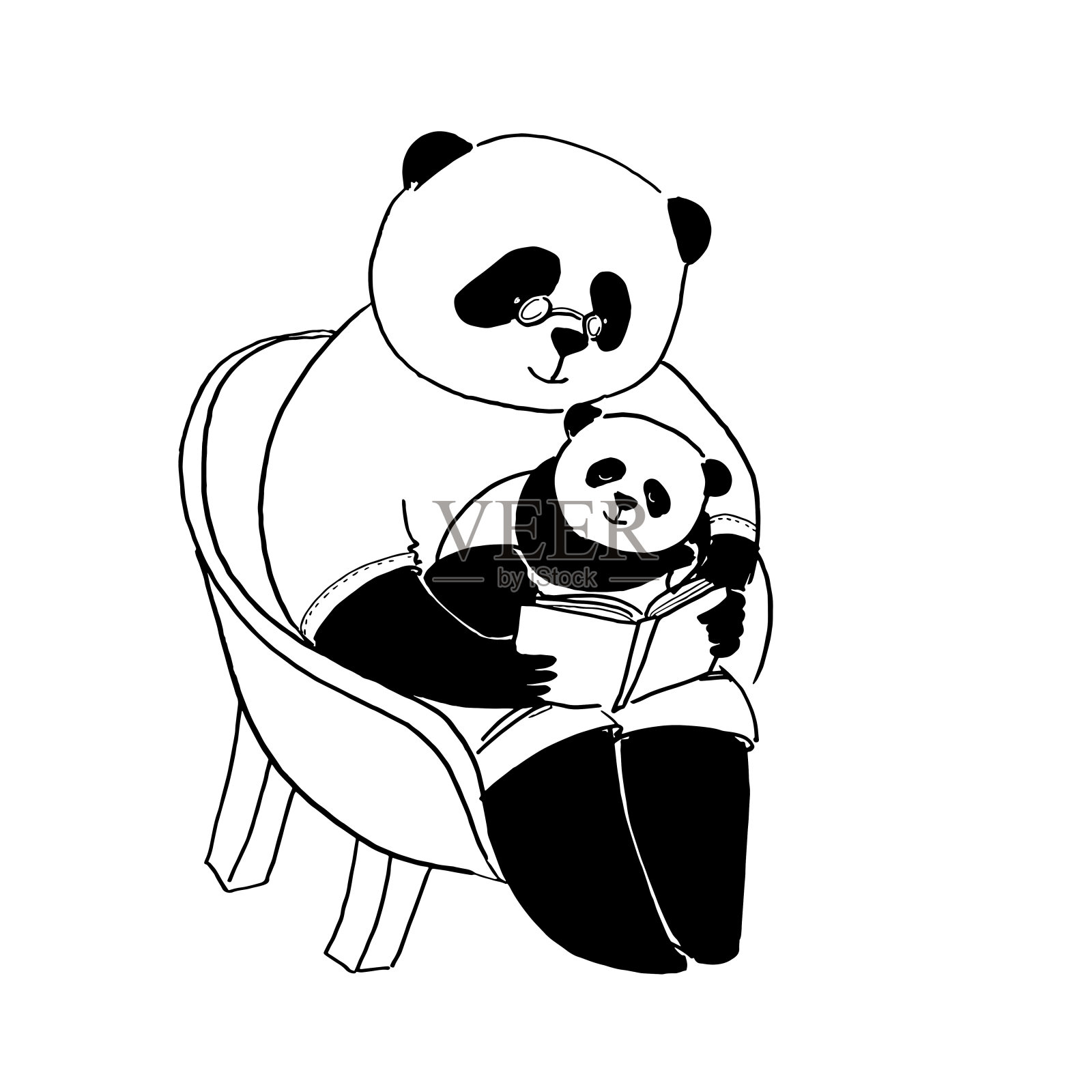矢量插图着色书。小熊猫爸爸坐在椅子上，给正在睡觉的小熊猫儿子读书插画图片素材