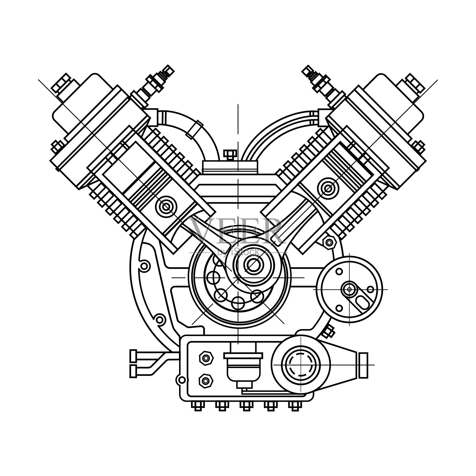内燃机发动机。本机床的拉拔引擎部分，说明了内部结构——气缸、活塞、火花塞。在白色背景上隔离插画图片素材