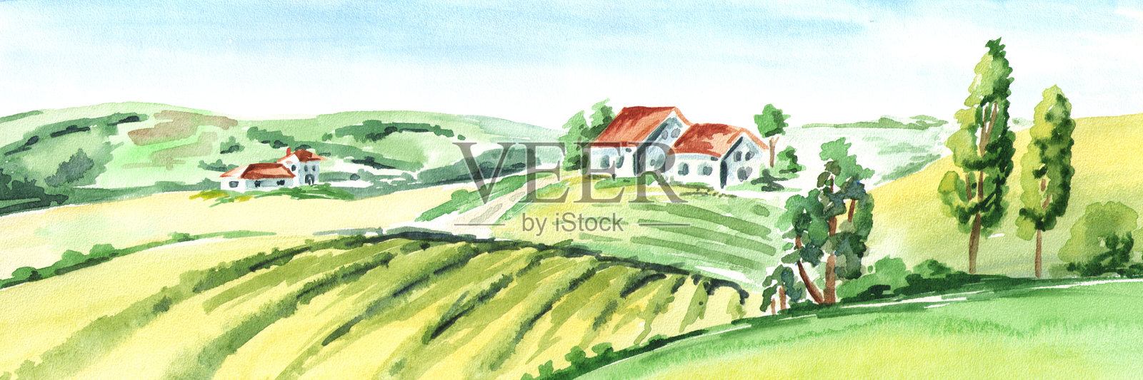 农村的旧农场和田野。水彩手绘水平插图插画图片素材