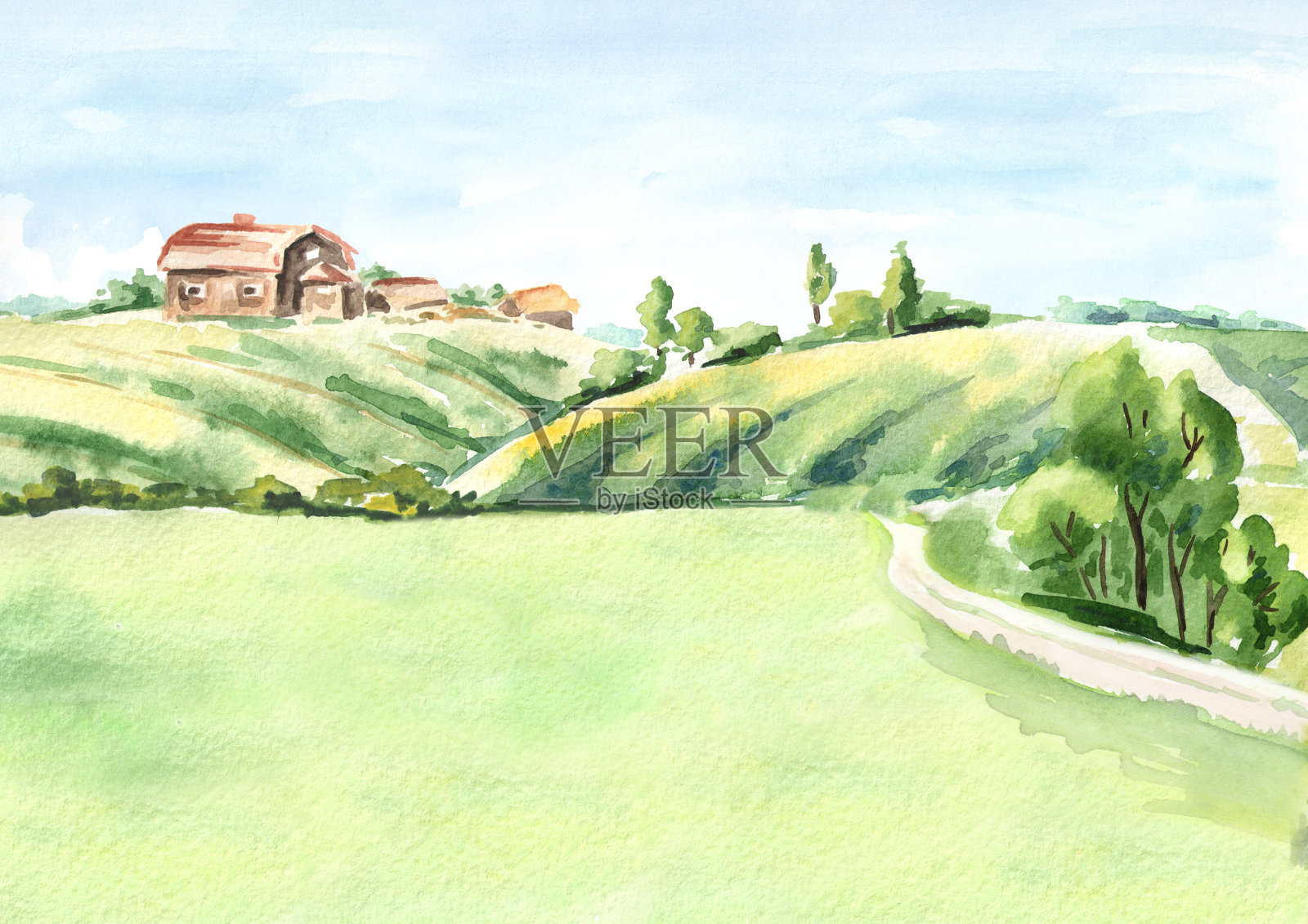 老农场在农村景观。水彩手绘插图插画图片素材