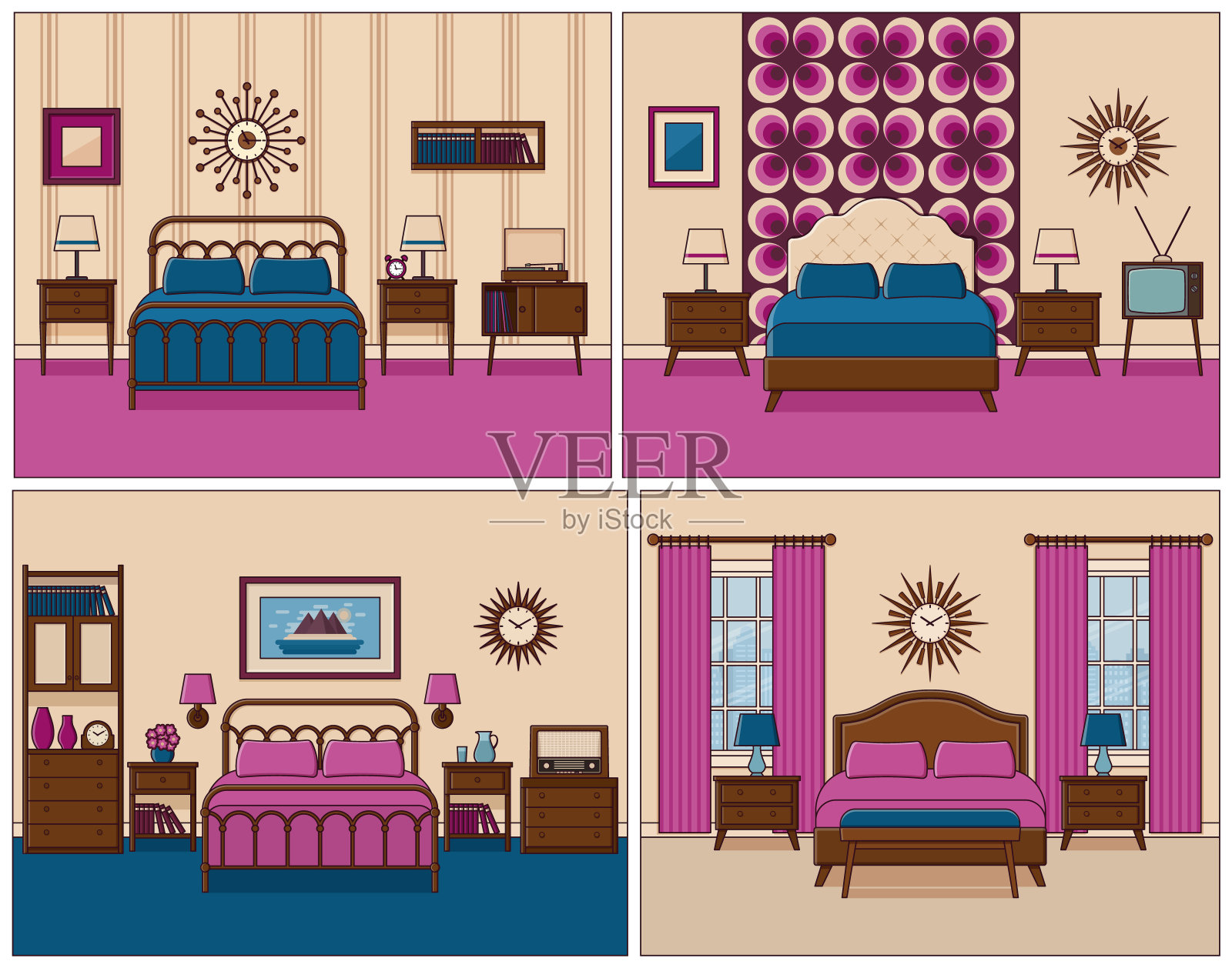 卧室内。酒店房间的复古设计。矢量插图。插画图片素材