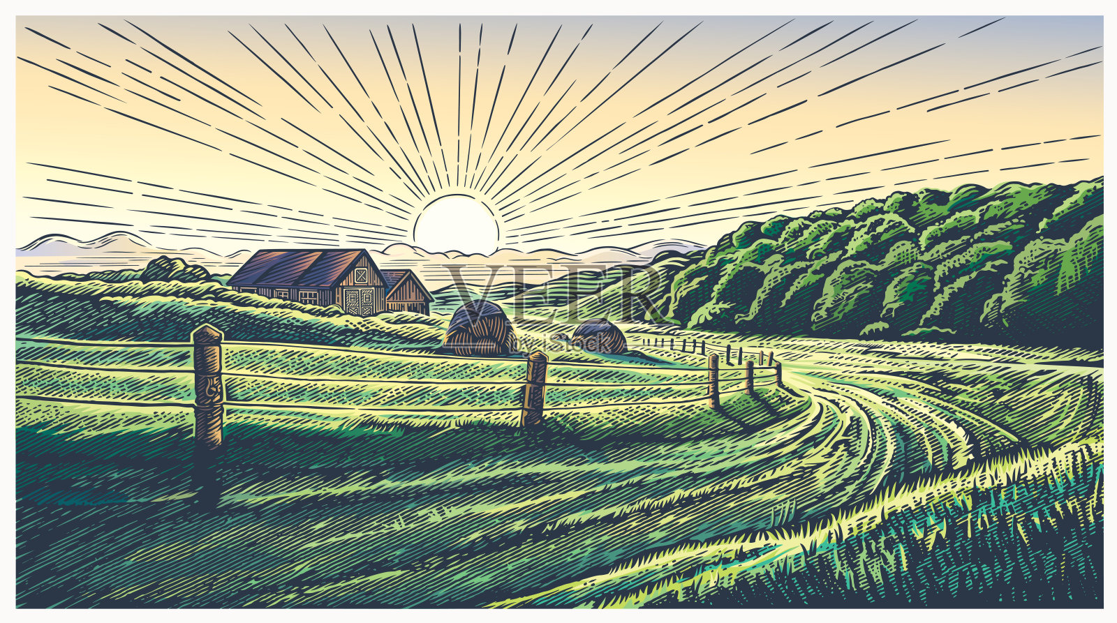 乡村景观与乡村版画风格插画图片素材