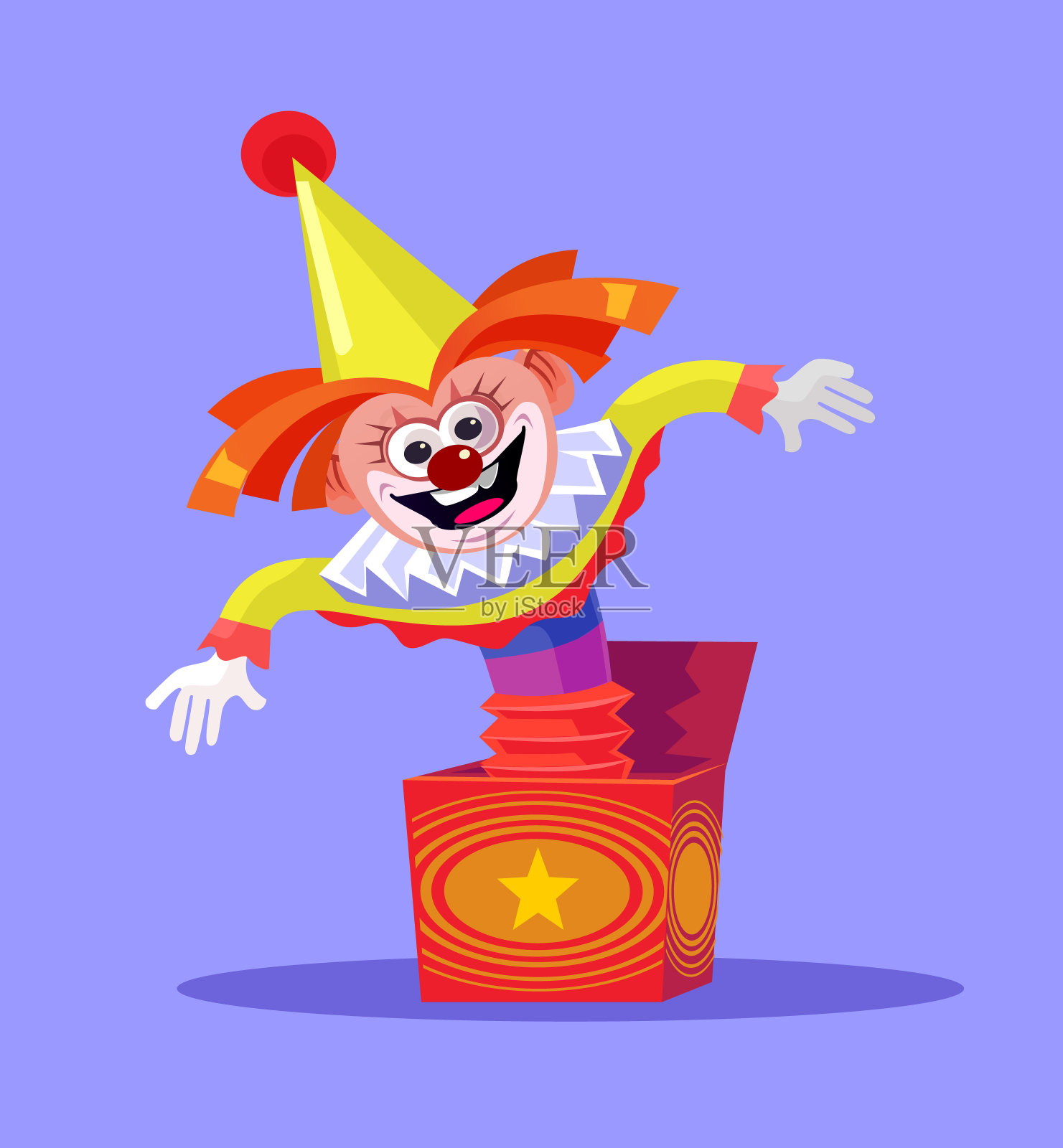 滑稽的喜剧微笑小丑小丑杰克玩具在盒子里跳插画图片素材