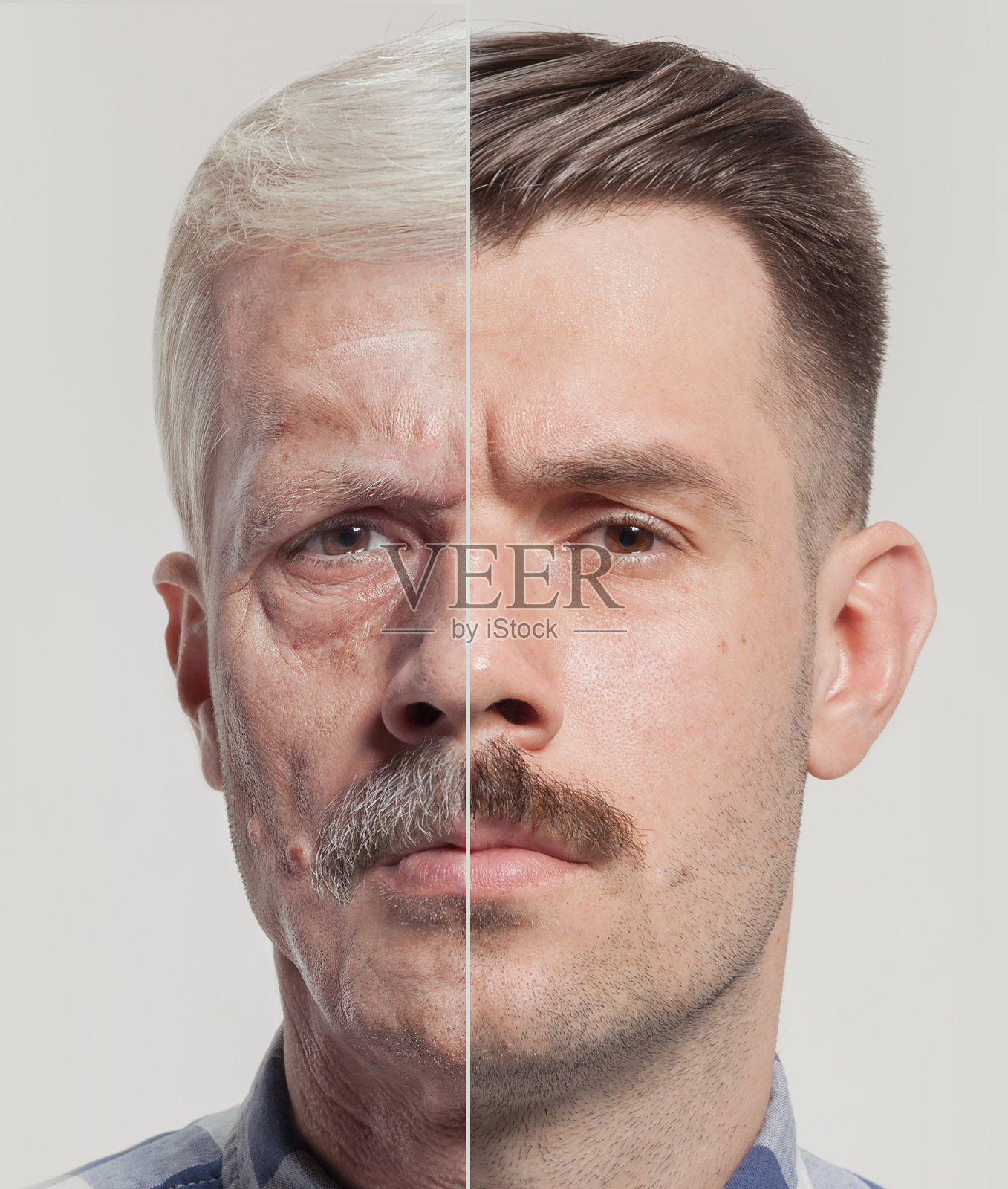 一个老人和一个年轻人的两幅肖像的拼贴画。拉皮、抗衰老、护肤理念。Conparison照片摄影图片