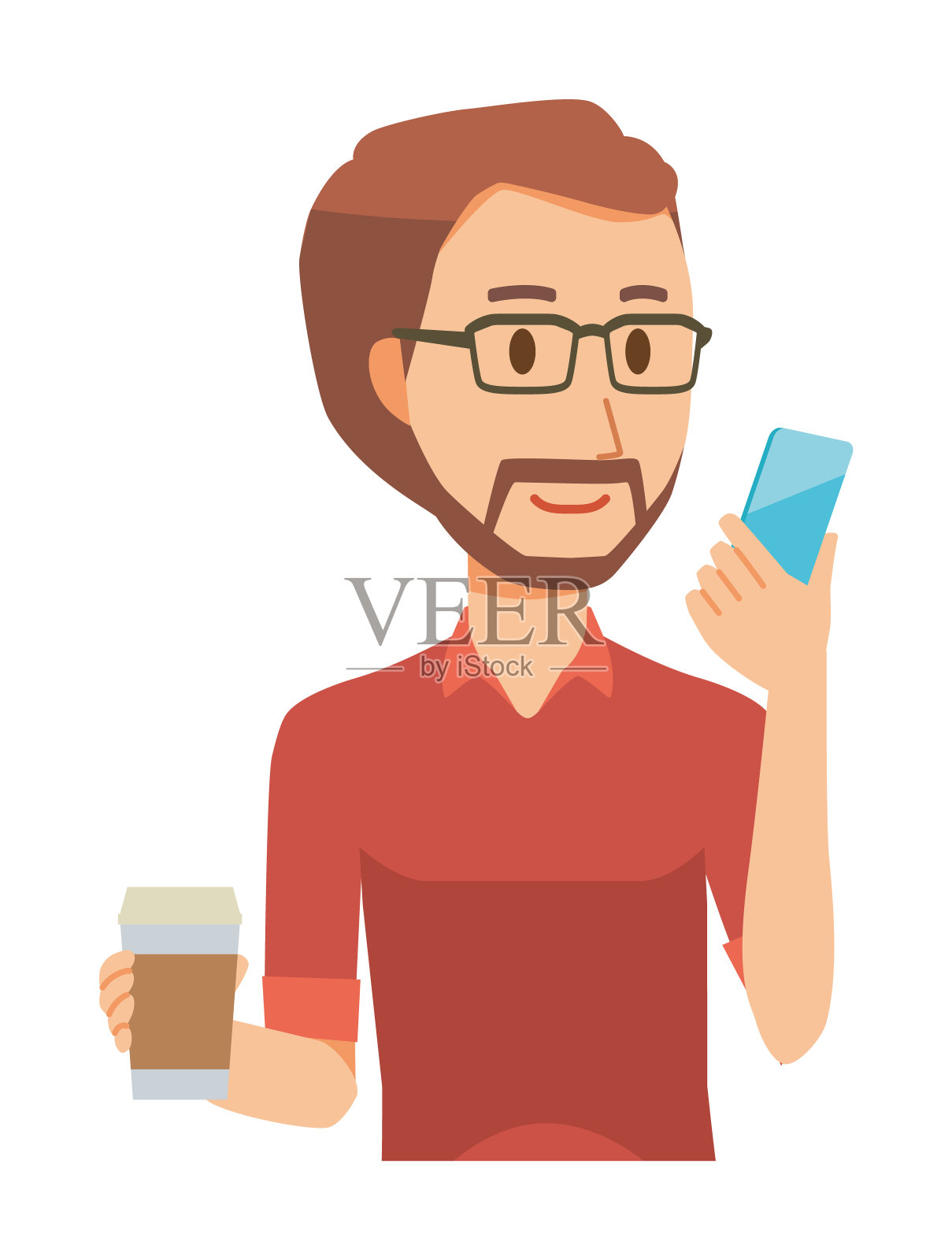 一名戴着眼镜的大胡子男子一边喝着咖啡，一边摆弄着智能手机插画图片素材