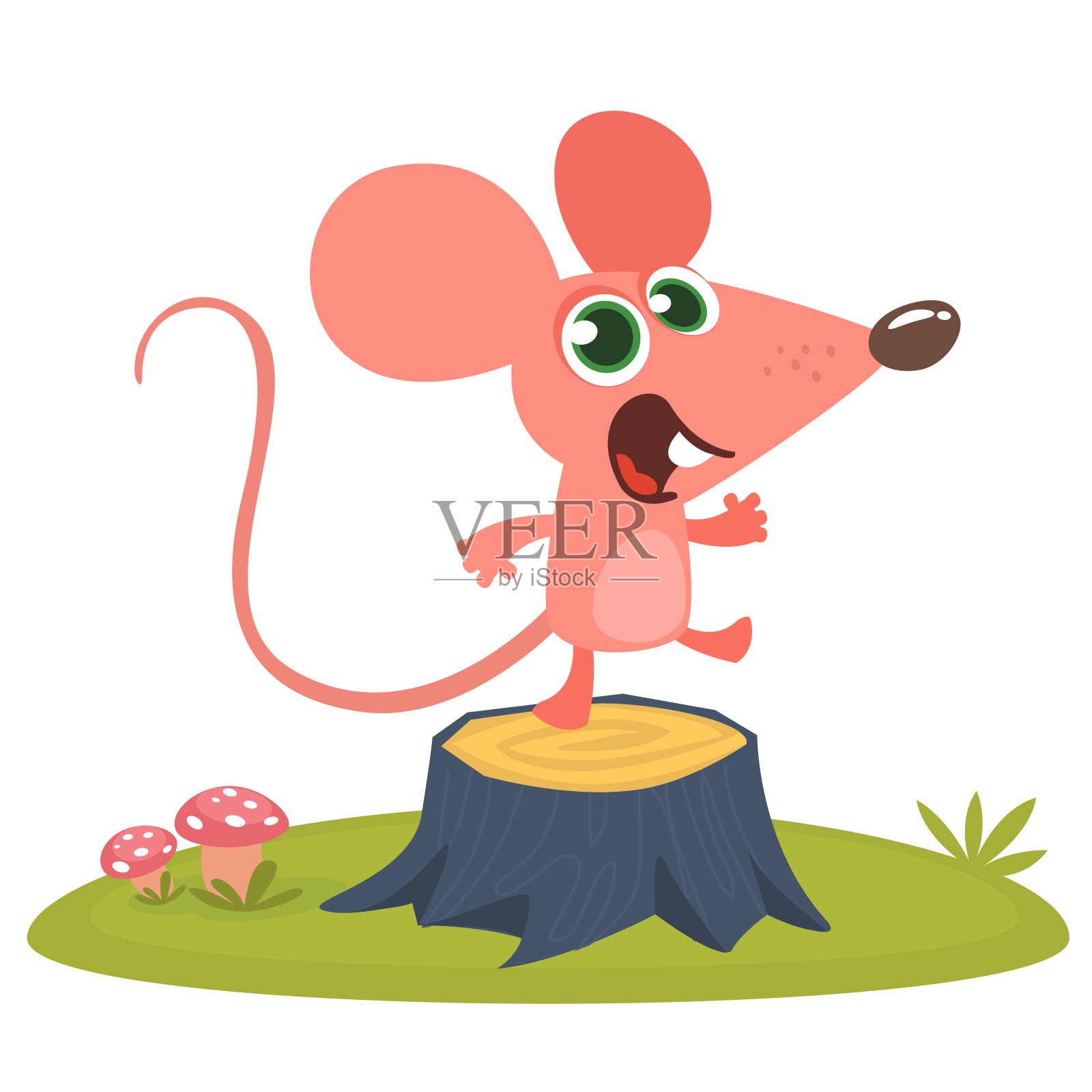 快乐的卡通粉红老鼠说话和站在树桩在草地上。矢量插图孤立设计元素图片
