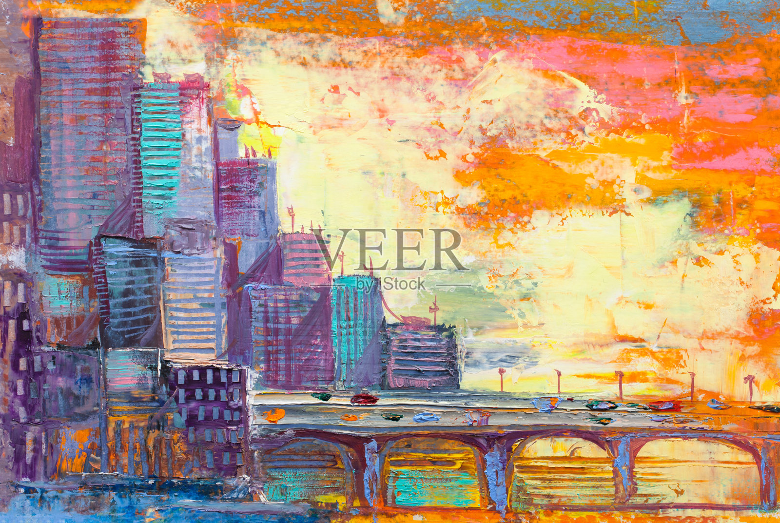 抽象油画城市景观，与日落摩天大楼。插画图片素材