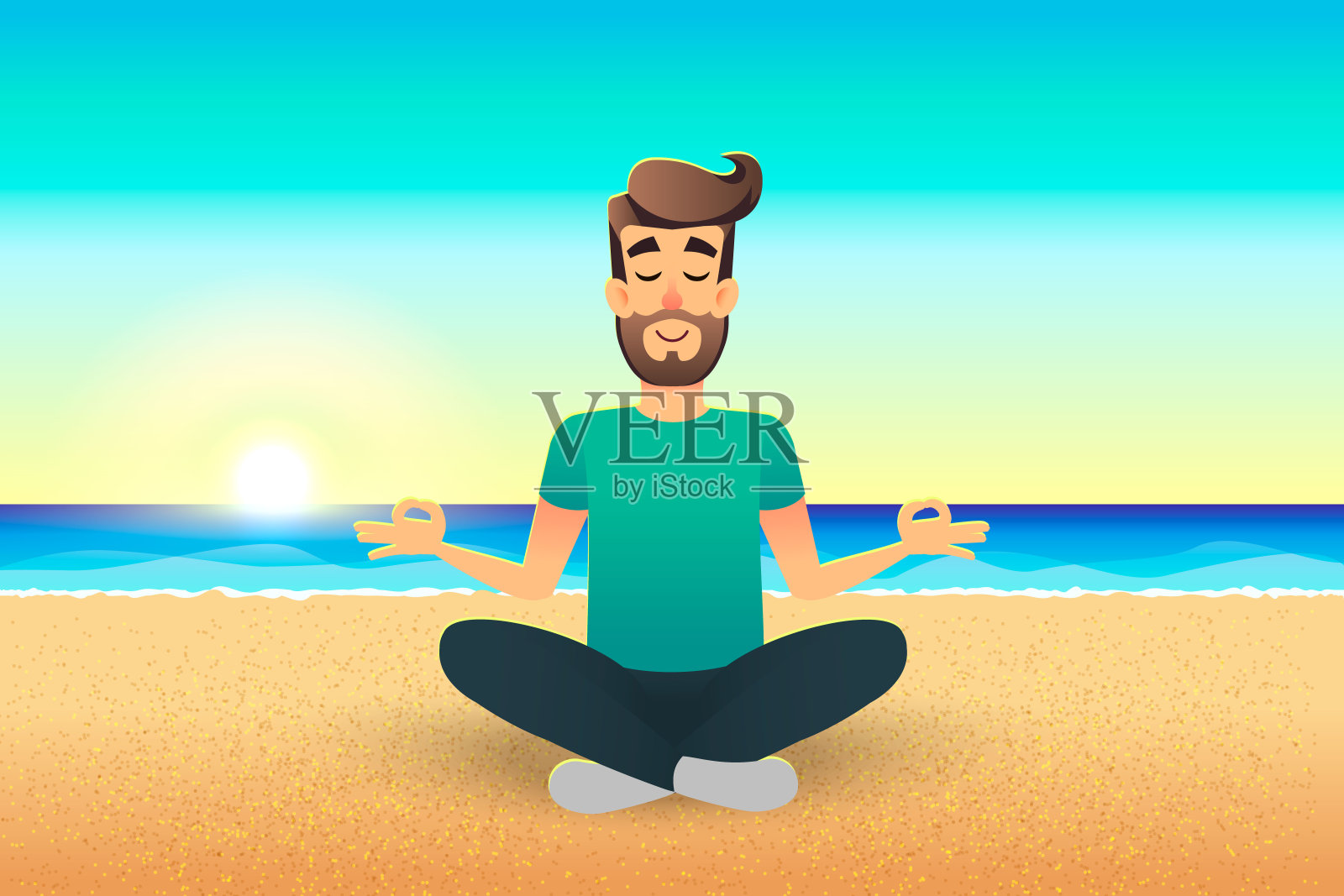 卡通扁平快乐的人坐在海滩上沉思。插图英俊的男性放松平静的荷花姿势。男士瑜伽-在海边放松。放松假期暑假概念插画图片素材