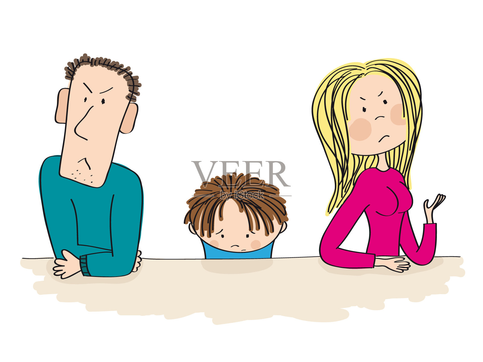 吵架的父母。他们的孩子，小男孩，正坐在他们之间，看起来很悲伤，正在考虑离婚。插画图片素材