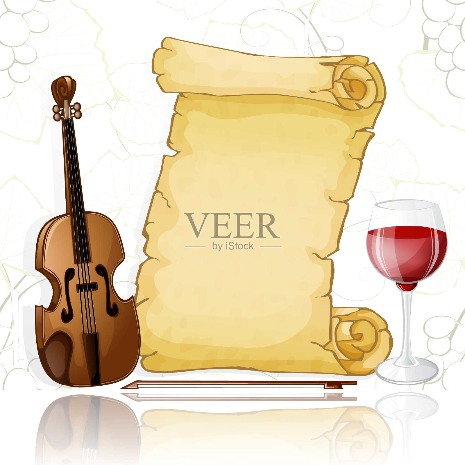 羊皮纸，小提琴和葡萄酒，白色背景插画图片素材