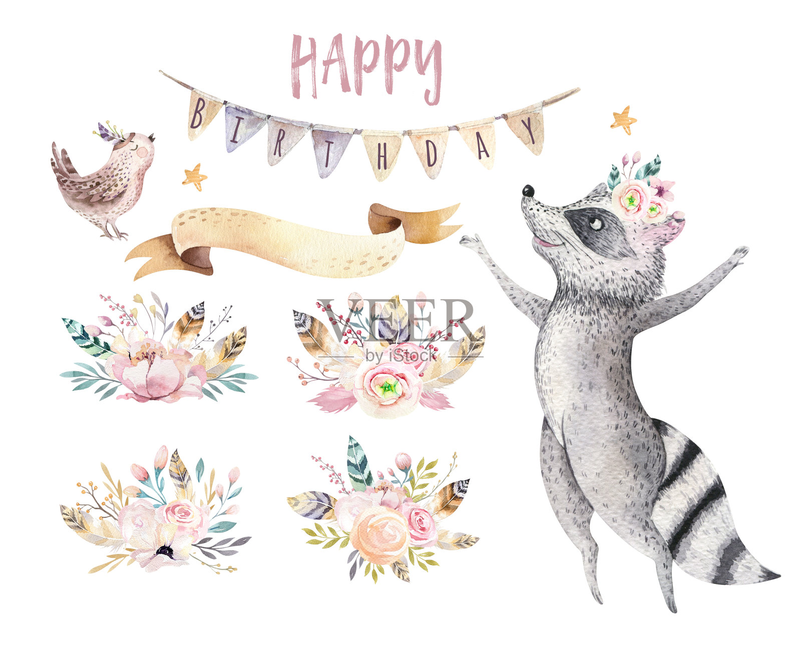 可爱的跳跃浣熊动物插画儿童水彩画波西米亚森林卡通生日派对气球邀请婴儿海报，图案设计模板素材