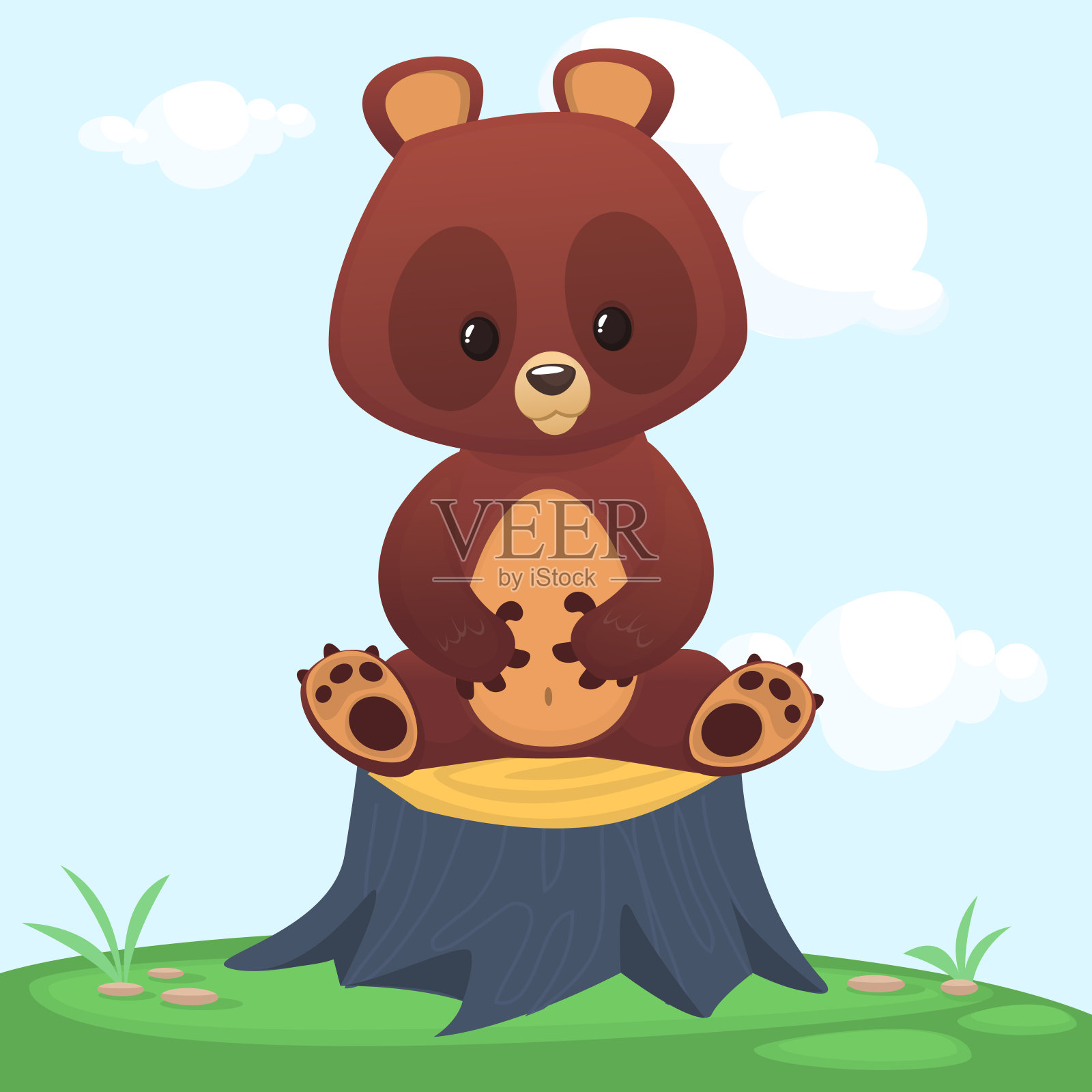 卡通快乐的棕熊坐在绿色草地上的树桩上。矢量图插画图片素材