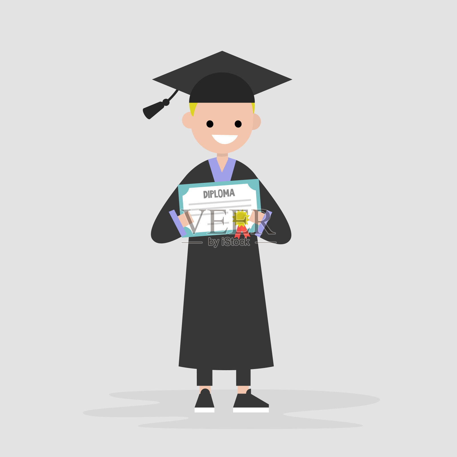 年轻的毕业生穿着黑袍，拿着文凭证书。毕业典礼。平面可编辑矢量插图，剪辑艺术插画图片素材