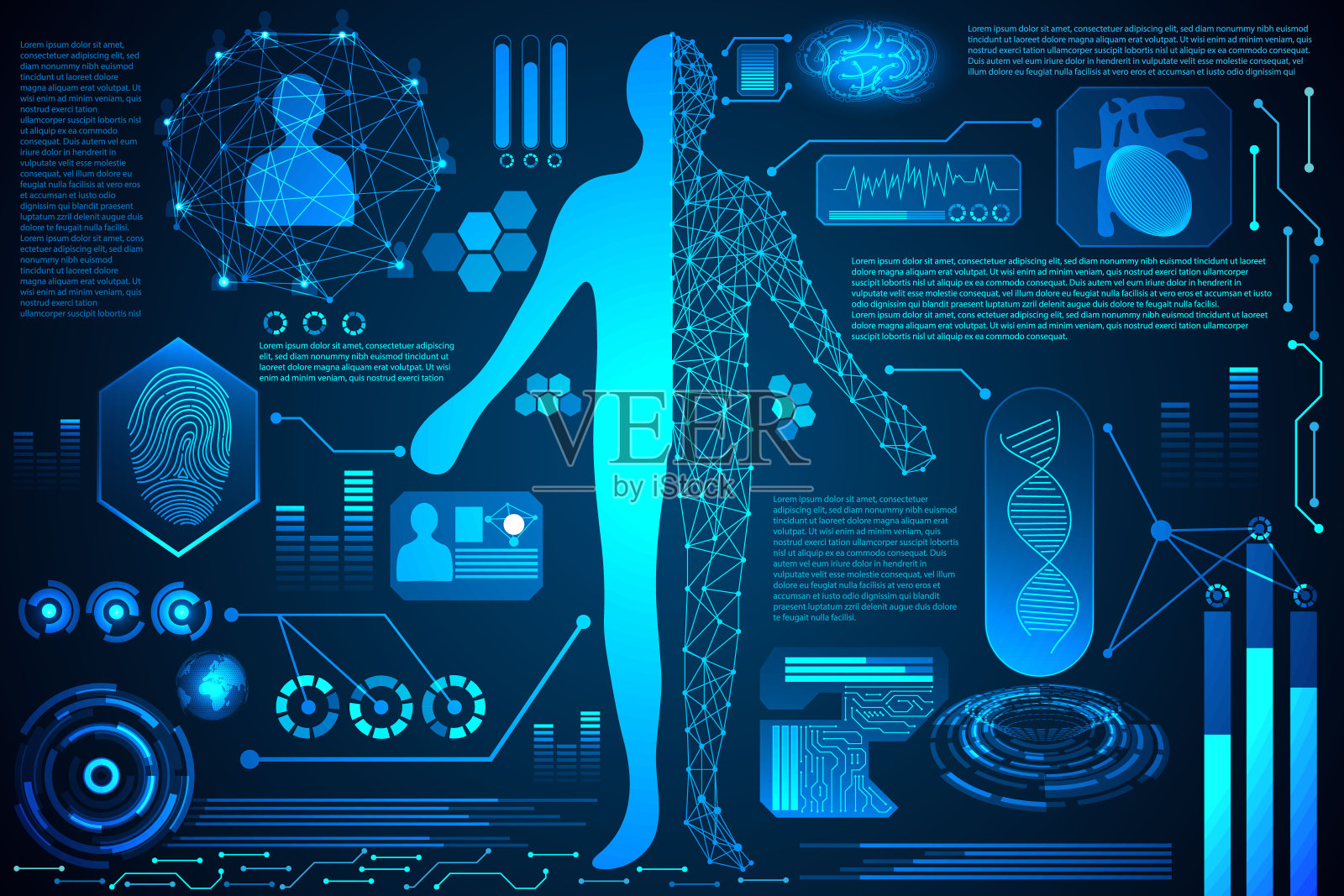 摘要技术概念人体数字保健;Hud界面的健康分析和扫描体验证身份，指纹，世界未来设计的高科技背景插画图片素材