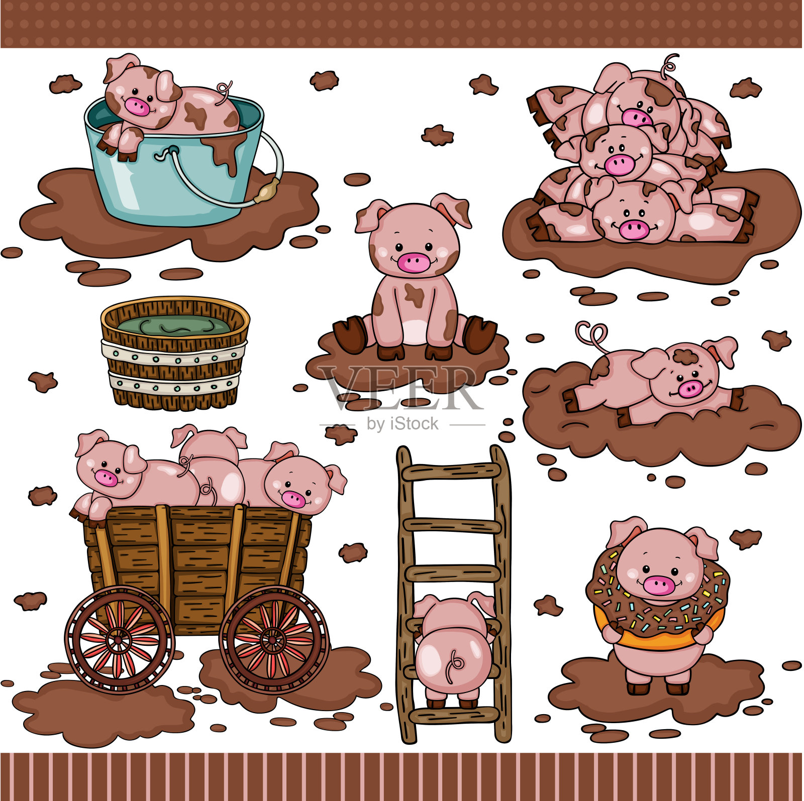 可爱的小猪在泥集数字元素插画图片素材