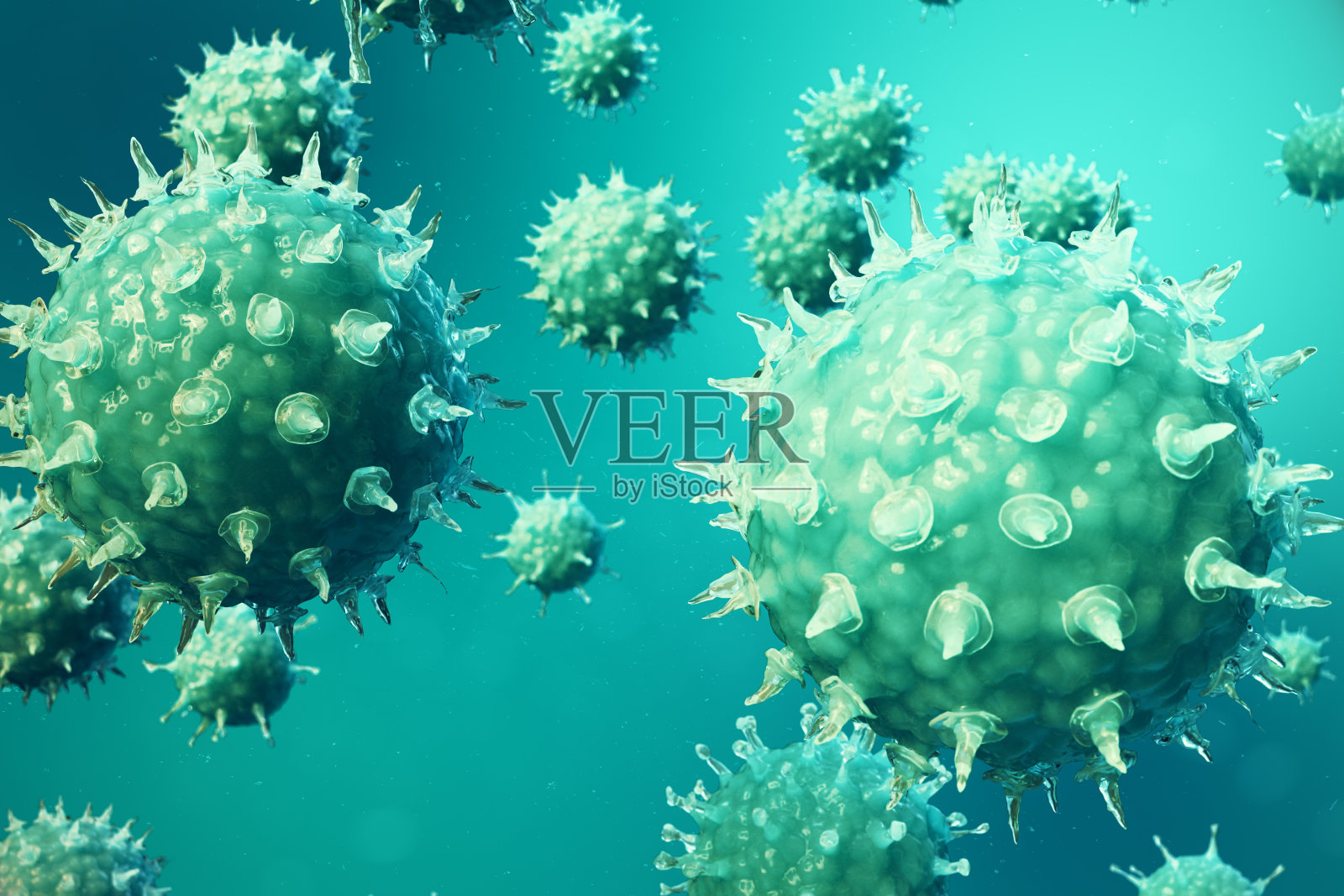 在宿主体内引起感染的致病病毒的三维图示。病毒性疾病流行。病毒抽象背景。病毒，细菌，细胞感染的生物体。照片摄影图片
