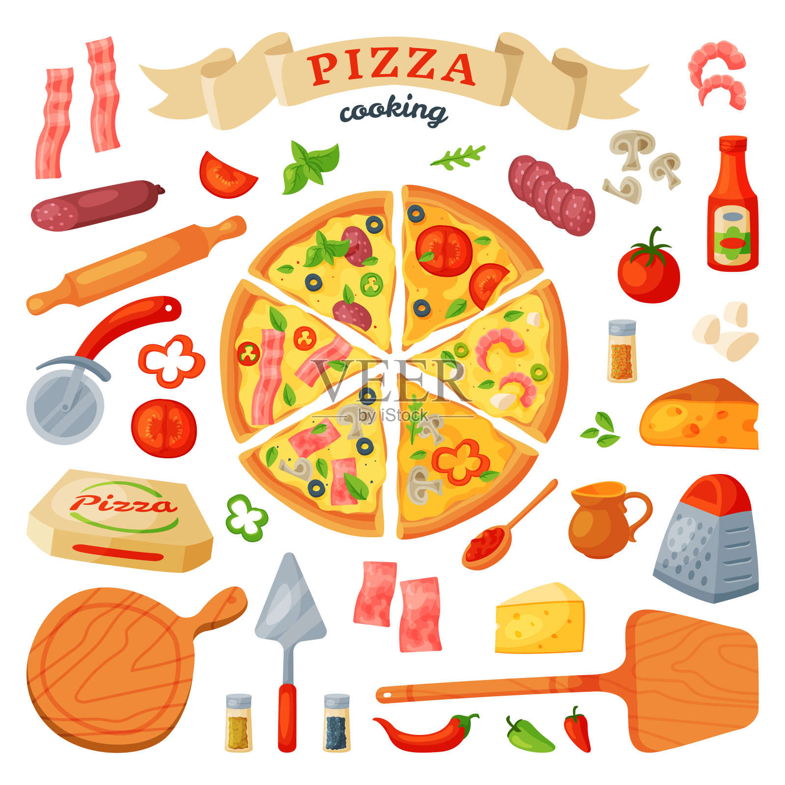 披萨矢量意大利食物与奶酪和西红柿在披萨店或披萨屋插图套烤派从披萨店在意大利孤立的白色背景设计元素图片
