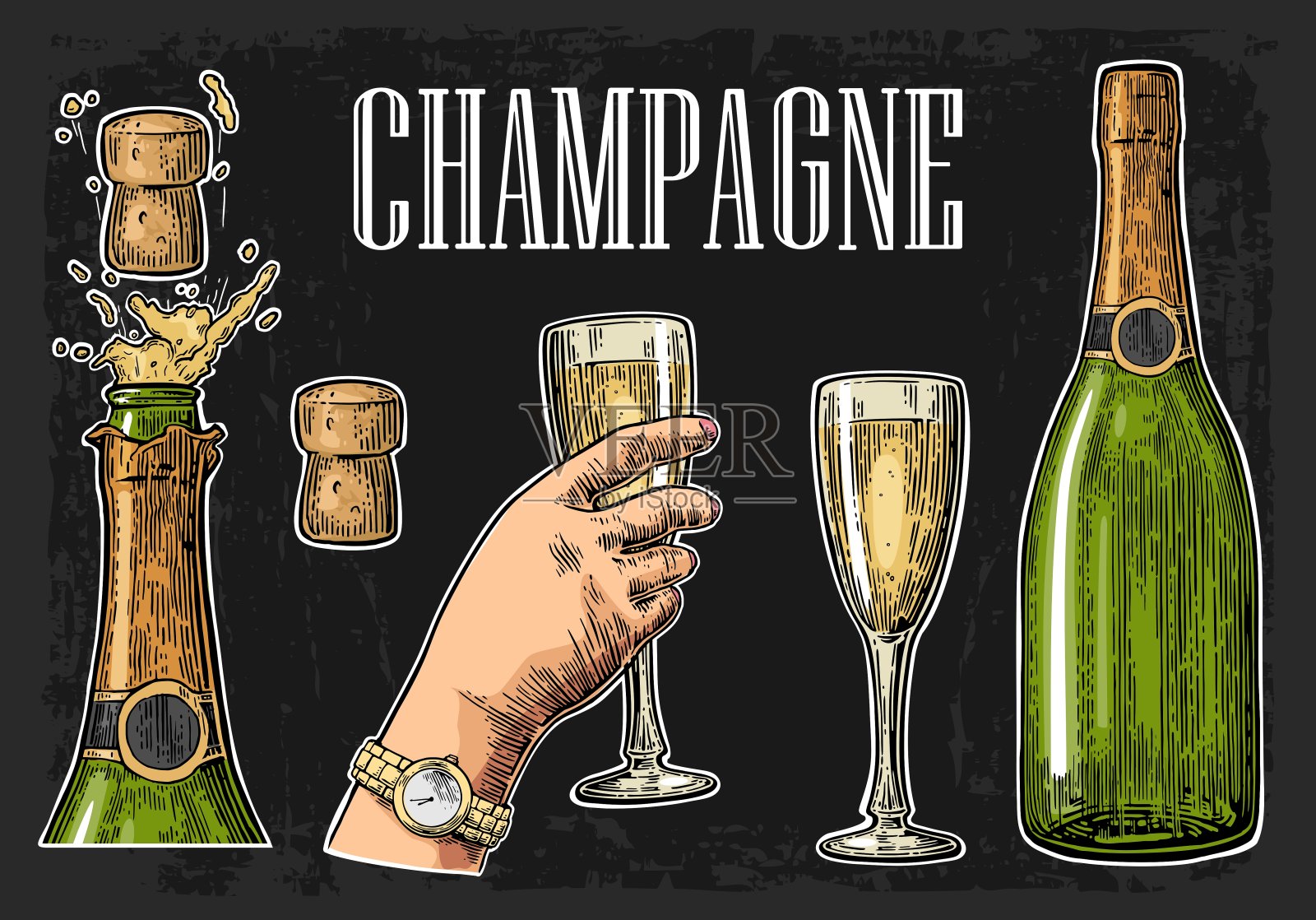 香槟酒瓶爆炸和手持玻璃杯。插画图片素材