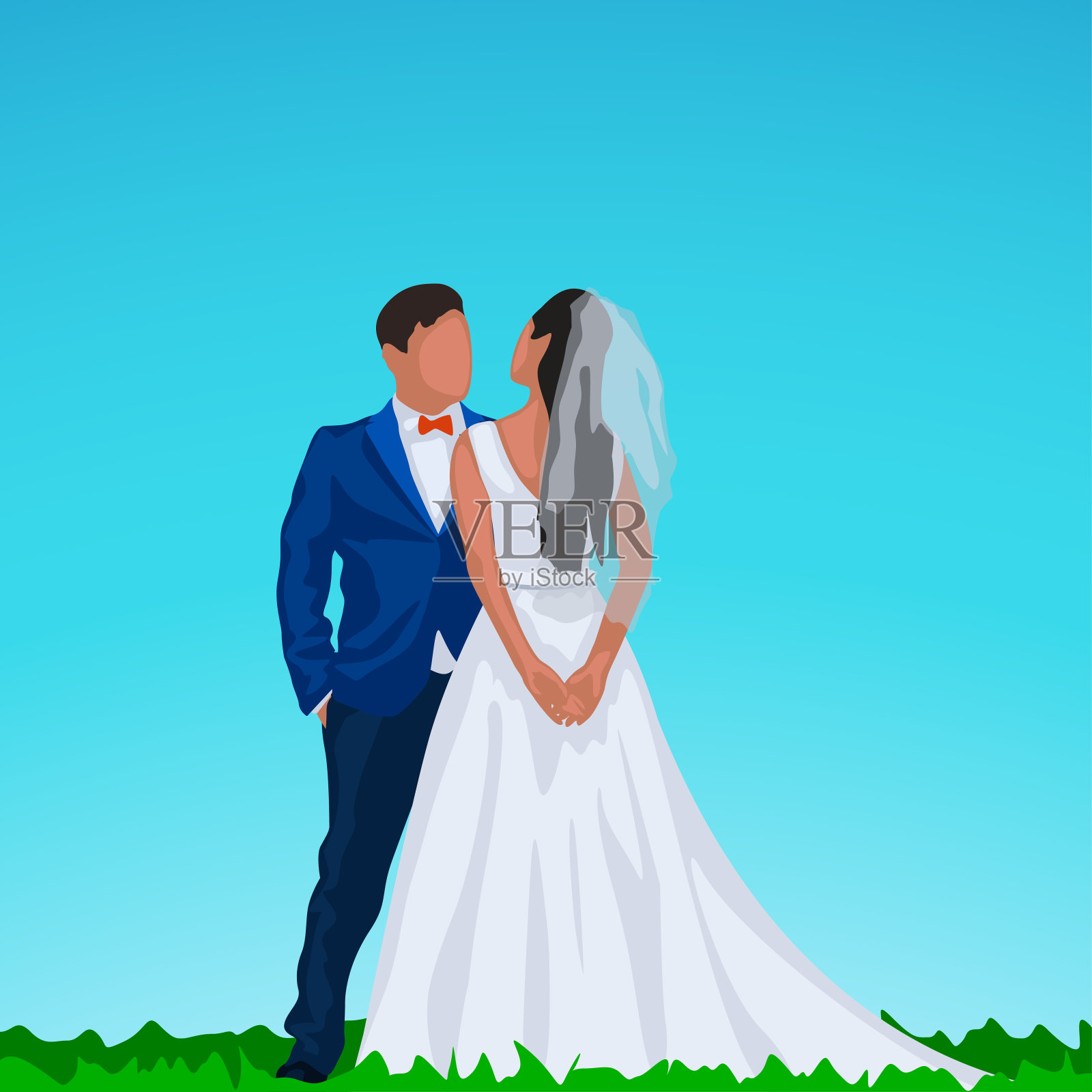 新婚夫妇穿蓝色衣服插画图片素材