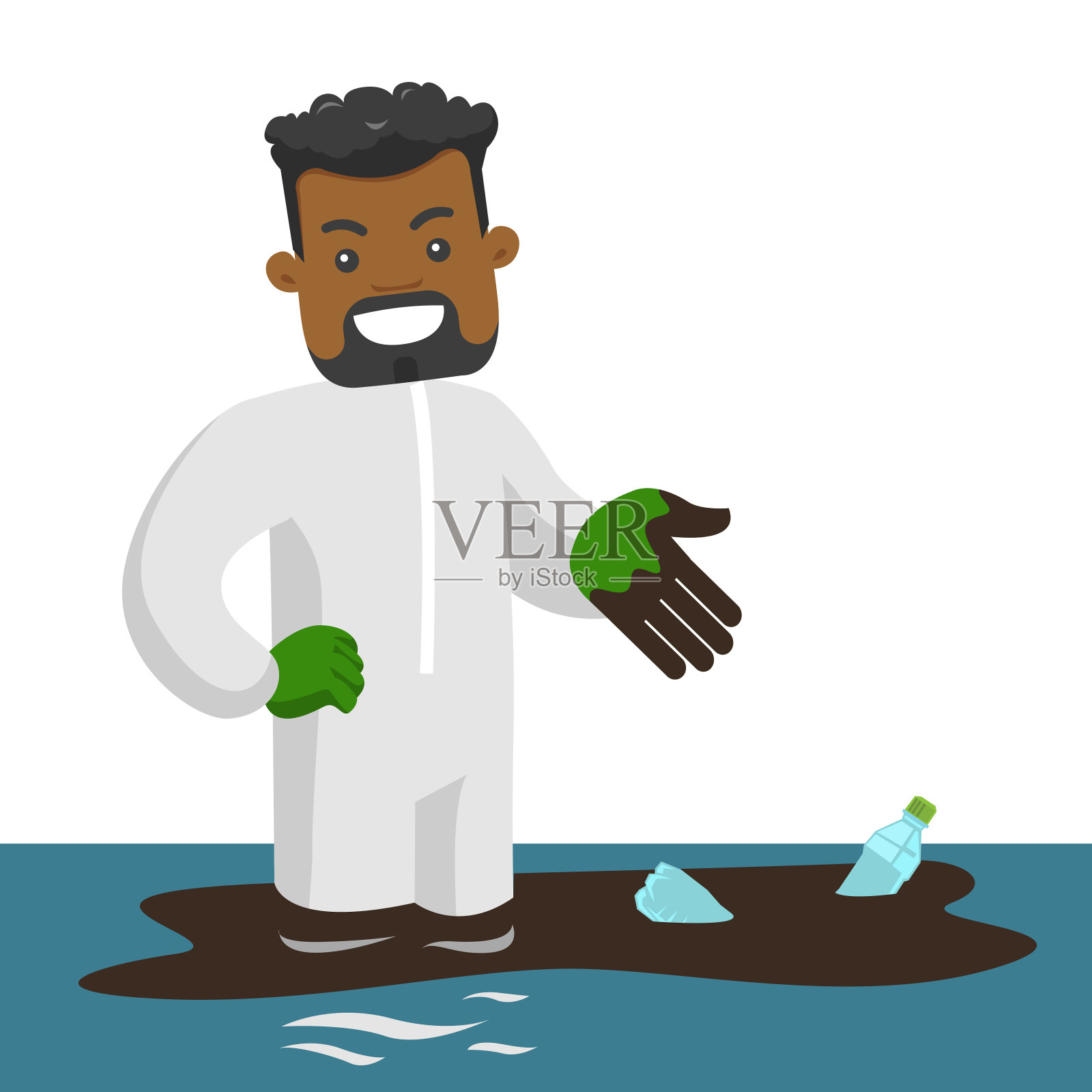 一个人站在溢油的水里，还有瓶子插画图片素材