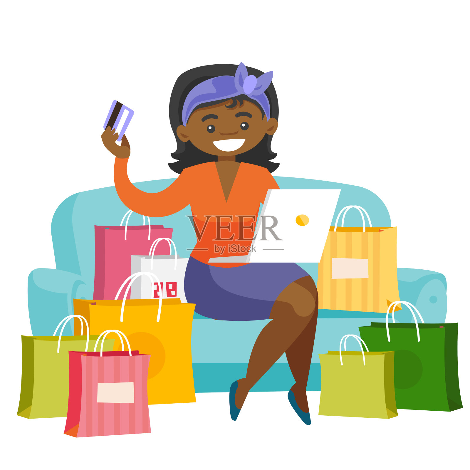 非洲妇女使用笔记本电脑进行网上购物插画图片素材