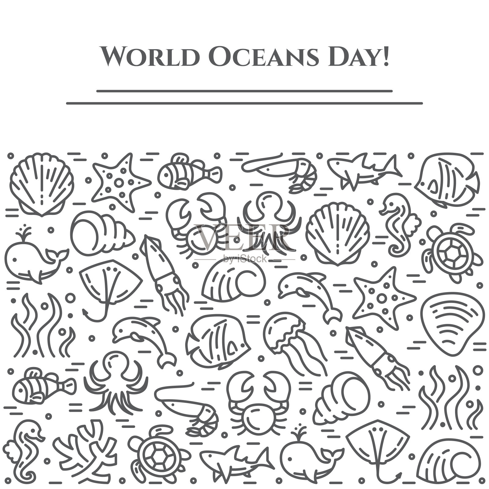 世界海洋日主题黑白横幅-象形文字鱼、贝壳、鲨鱼、海豚、海龟和其他海洋生物相关线元素。插画图片素材