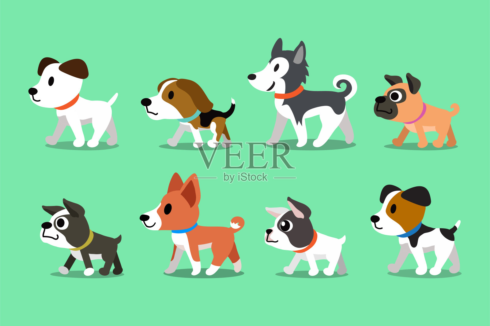 不同类型的可爱卡通狗在散步插画图片素材