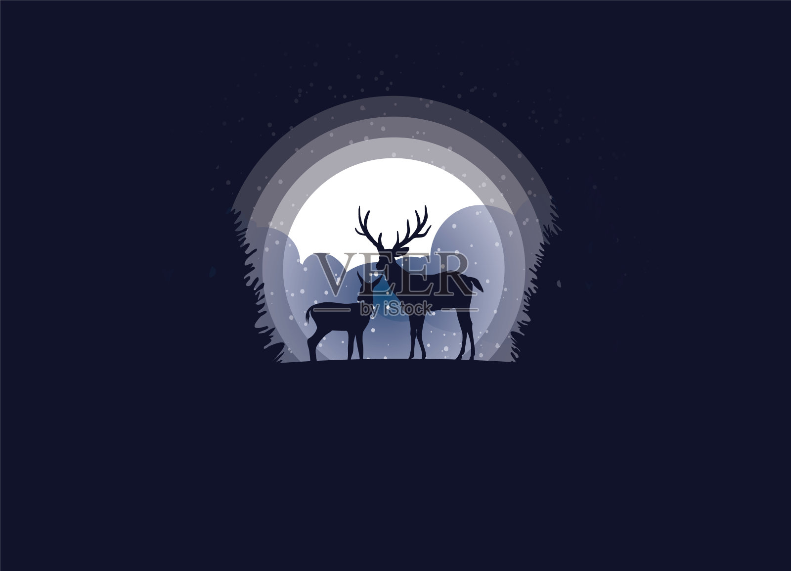 两只鹿在冬天的晚上。艺术矢量和插图。插画图片素材