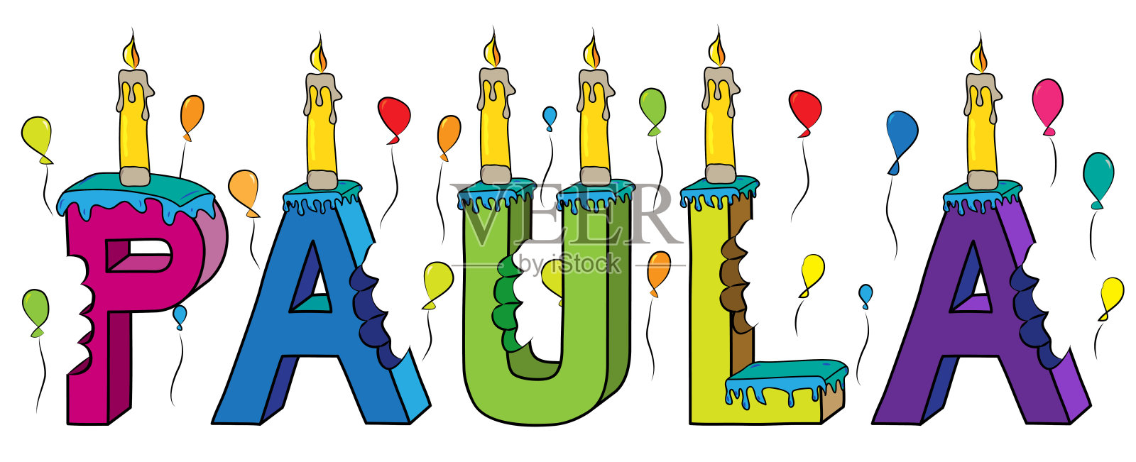 宝拉女第一个名字咬彩色3d字母生日蛋糕蜡烛和气球设计元素图片