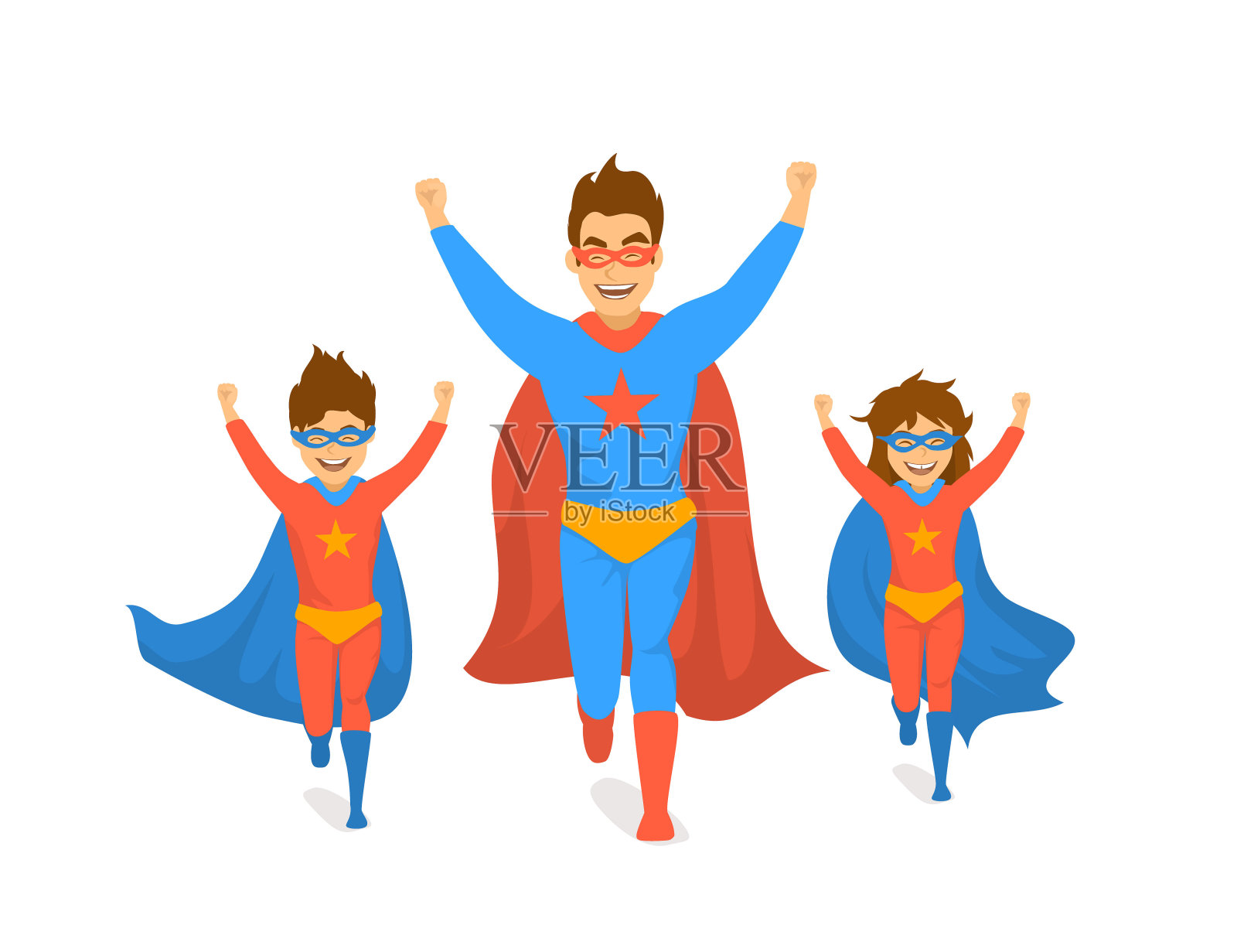 家庭，爸爸和孩子们，可爱的男孩和女孩玩超级英雄，奔跑兴奋在超级英雄服装正面视图有趣幽默父亲节概念孤立矢量插图场景插画图片素材