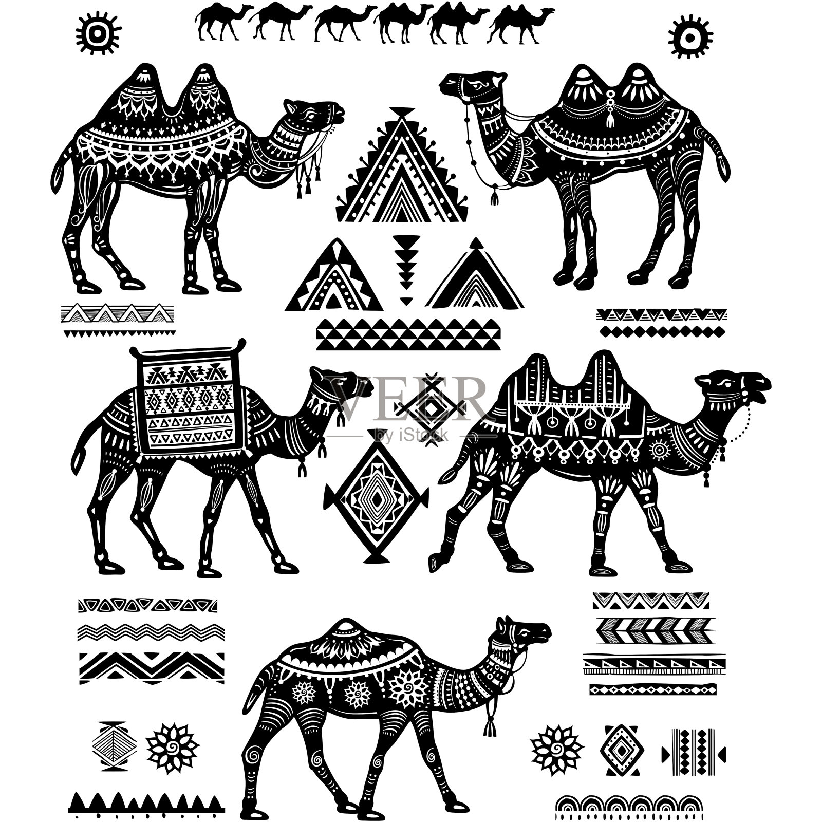 一套程式化的人物和装饰的骆驼插画图片素材