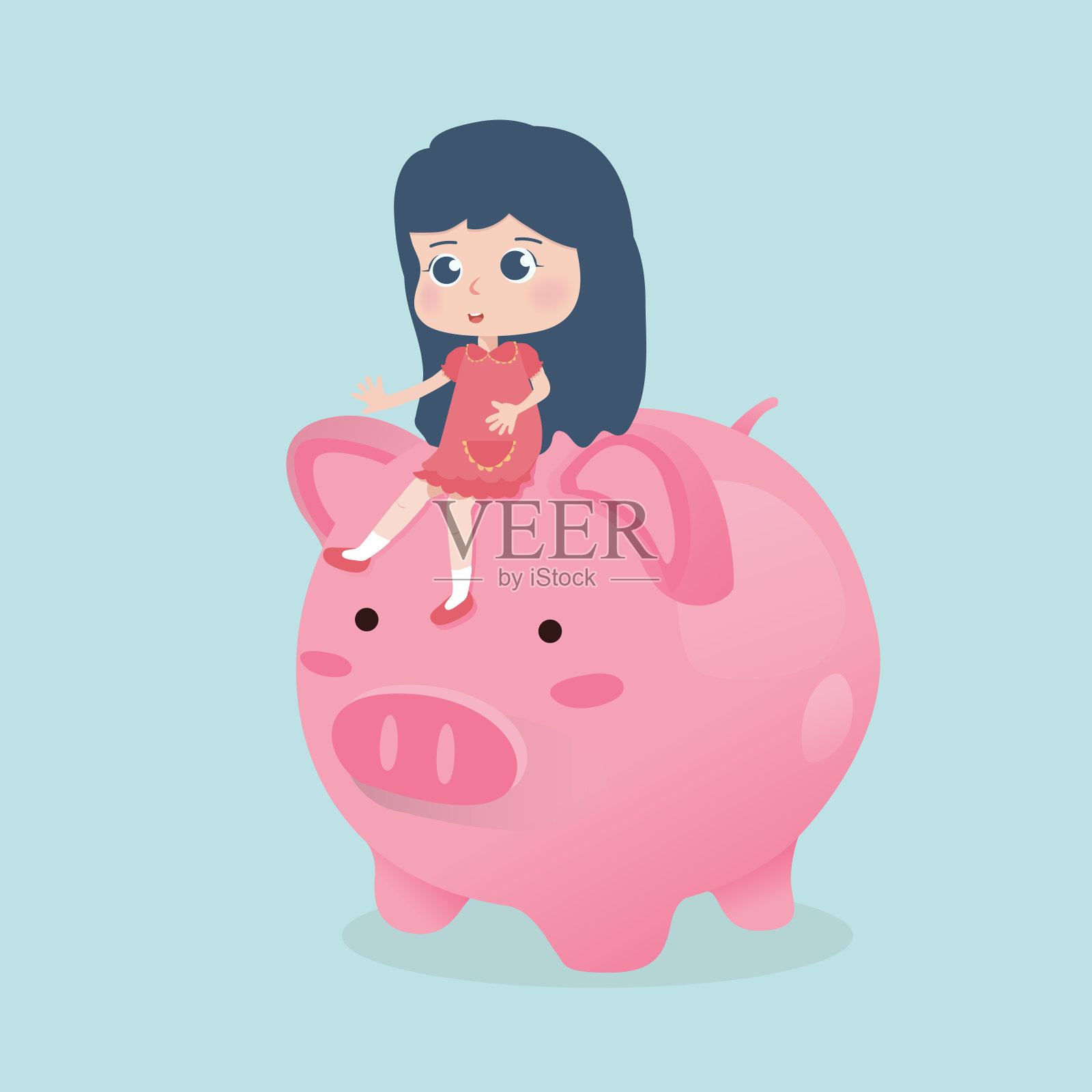 小女孩骑着小猪存钱罐插画图片素材