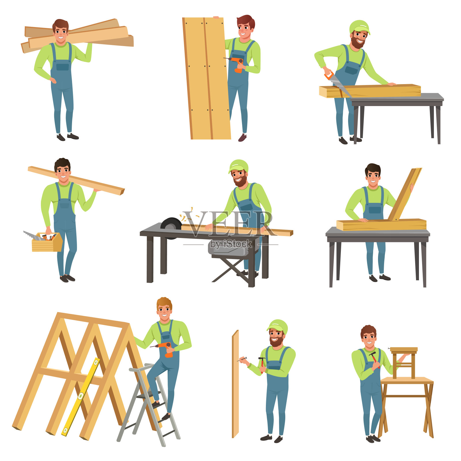 卡通的木匠角色在工作。有锯木和木工工具的人。穿着蓝色工作服的年轻人和木头一起工作。平面向量的设计插画图片素材