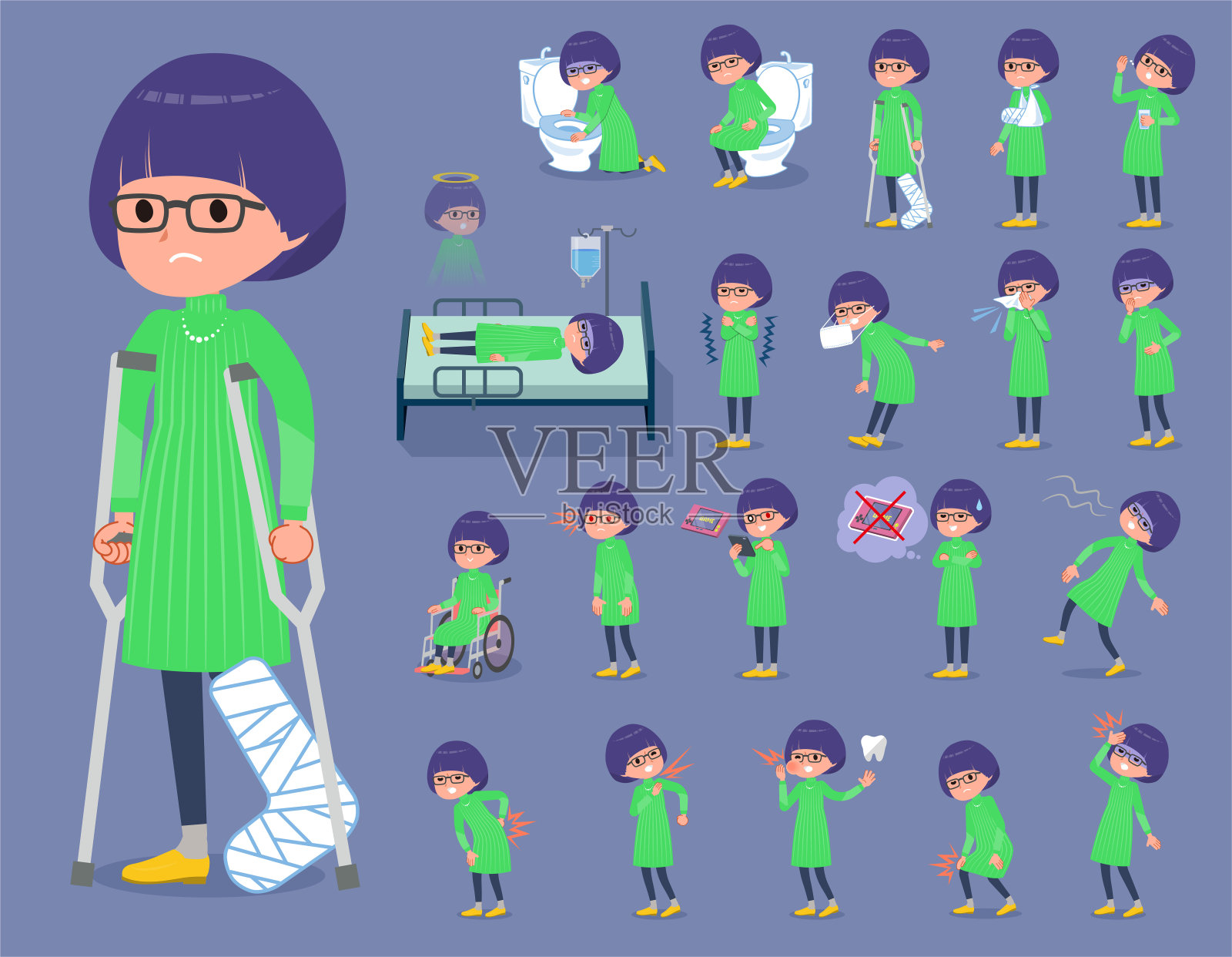 扁平型绿色衣服眼镜女孩病插画图片素材