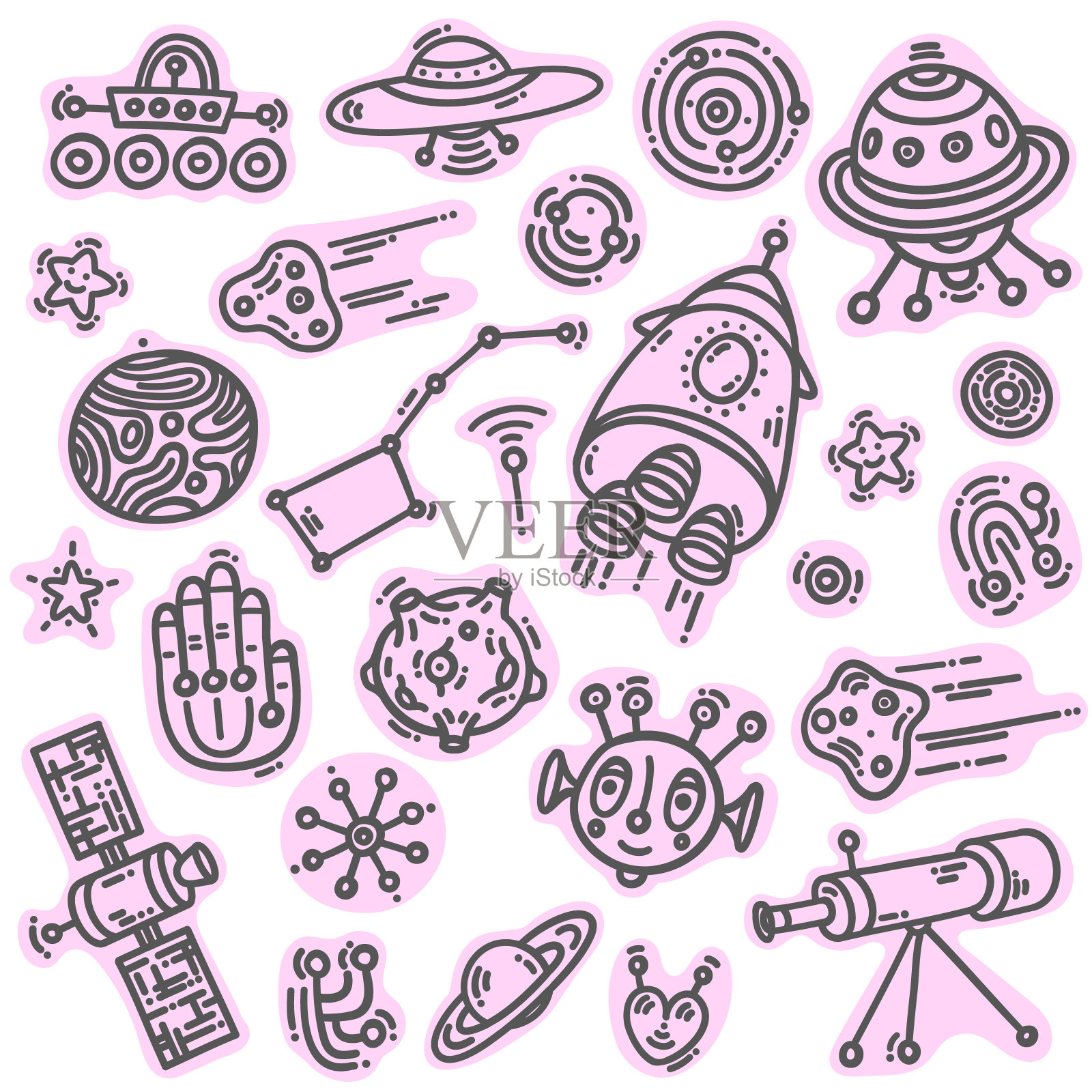 宇宙涂鸦粉色贴纸，火箭，望远镜，月亮，行星，小行星，UFO，外星人，星星设计元素图片