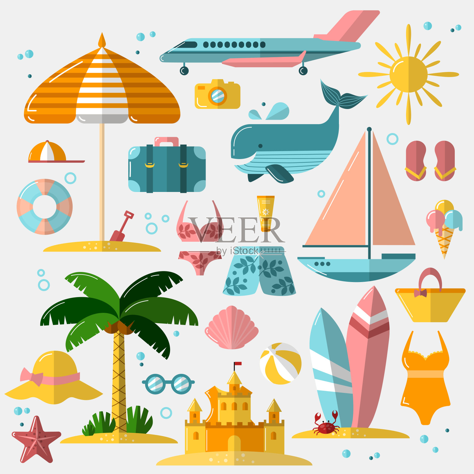 暑假、旅游和度假的标志。矢量插图的暑假配件，平面图标设置。海滩，旅游和度假对象的网页设计。插画图片素材