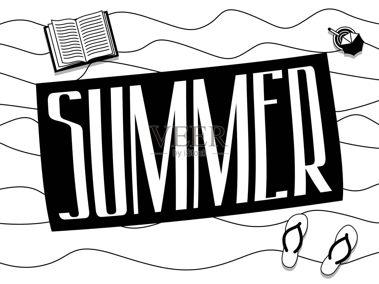 沙滩浴巾上刻有“夏天”的字样。海报,夏季。单色插画图片素材