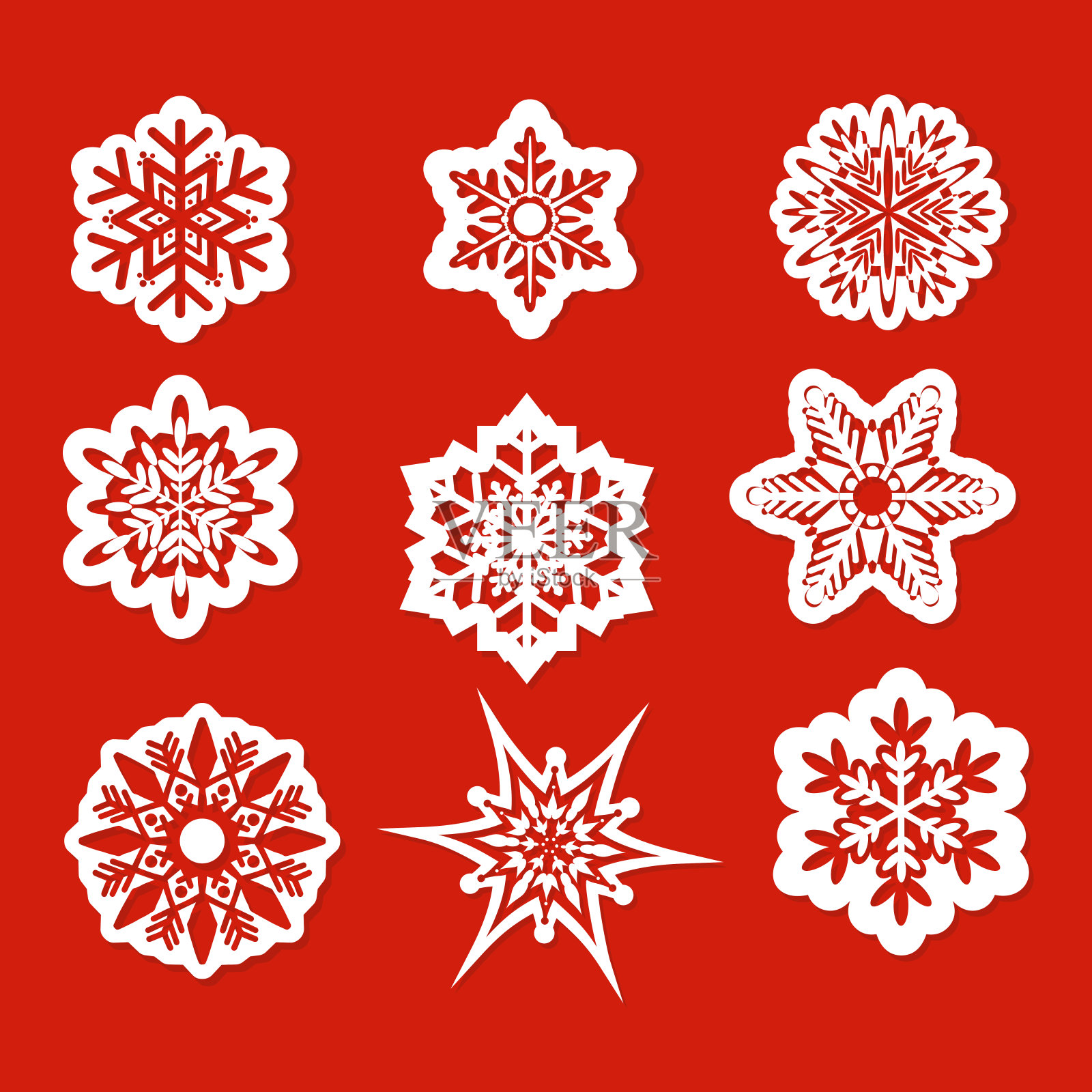 美丽的雪花矢量插图为圣诞节冬季设计在红色背景上的扁平风格。插画图片素材